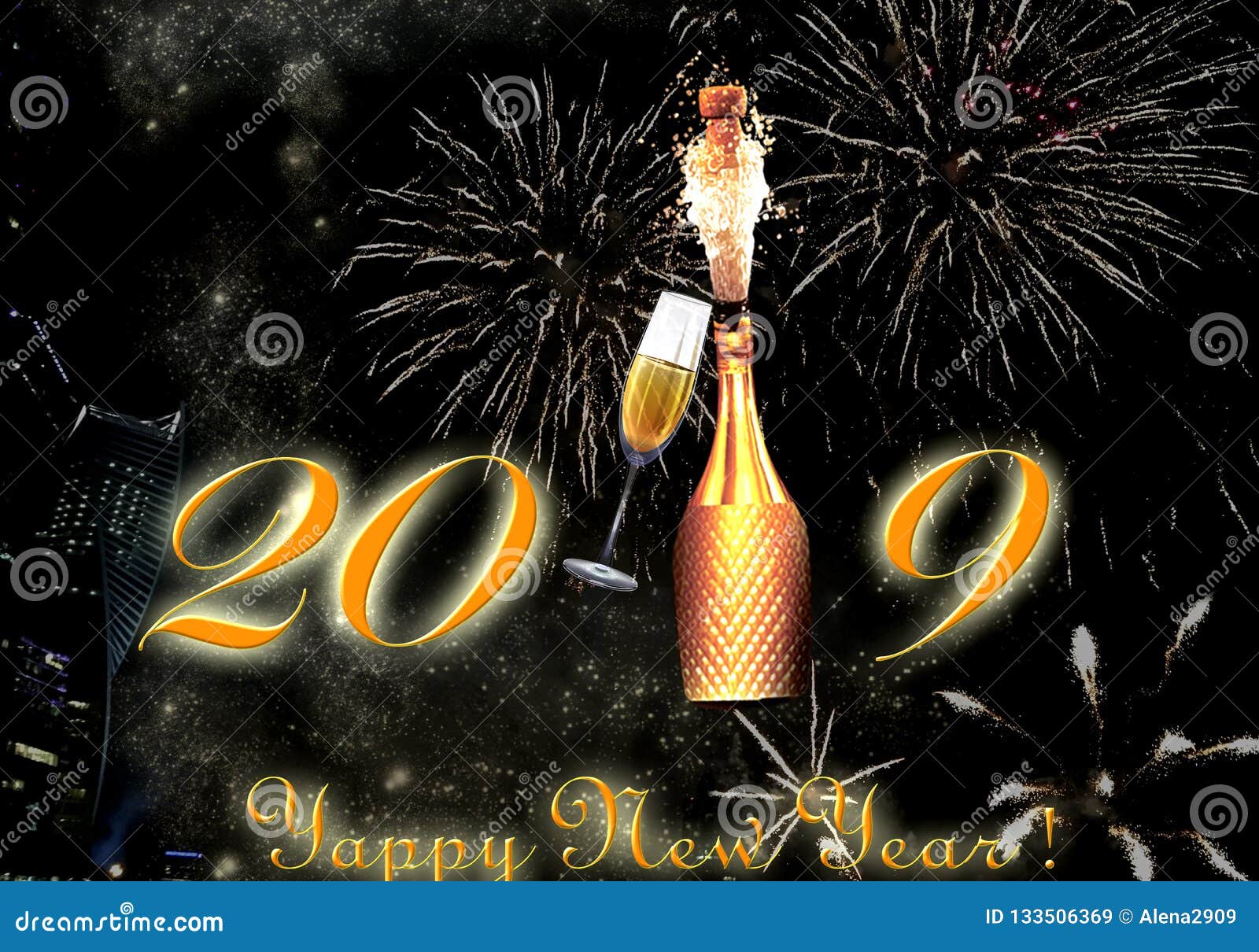 Esplosione dei fuochi d'artificio e del champagne del buon anno 2019. 2019 fuochi d'artificio fanno festa - l'esposizione del nuovo anno! La carta del nuovo anno con un'apertura con un'esplosione di una bottiglia di champagne e di vetri