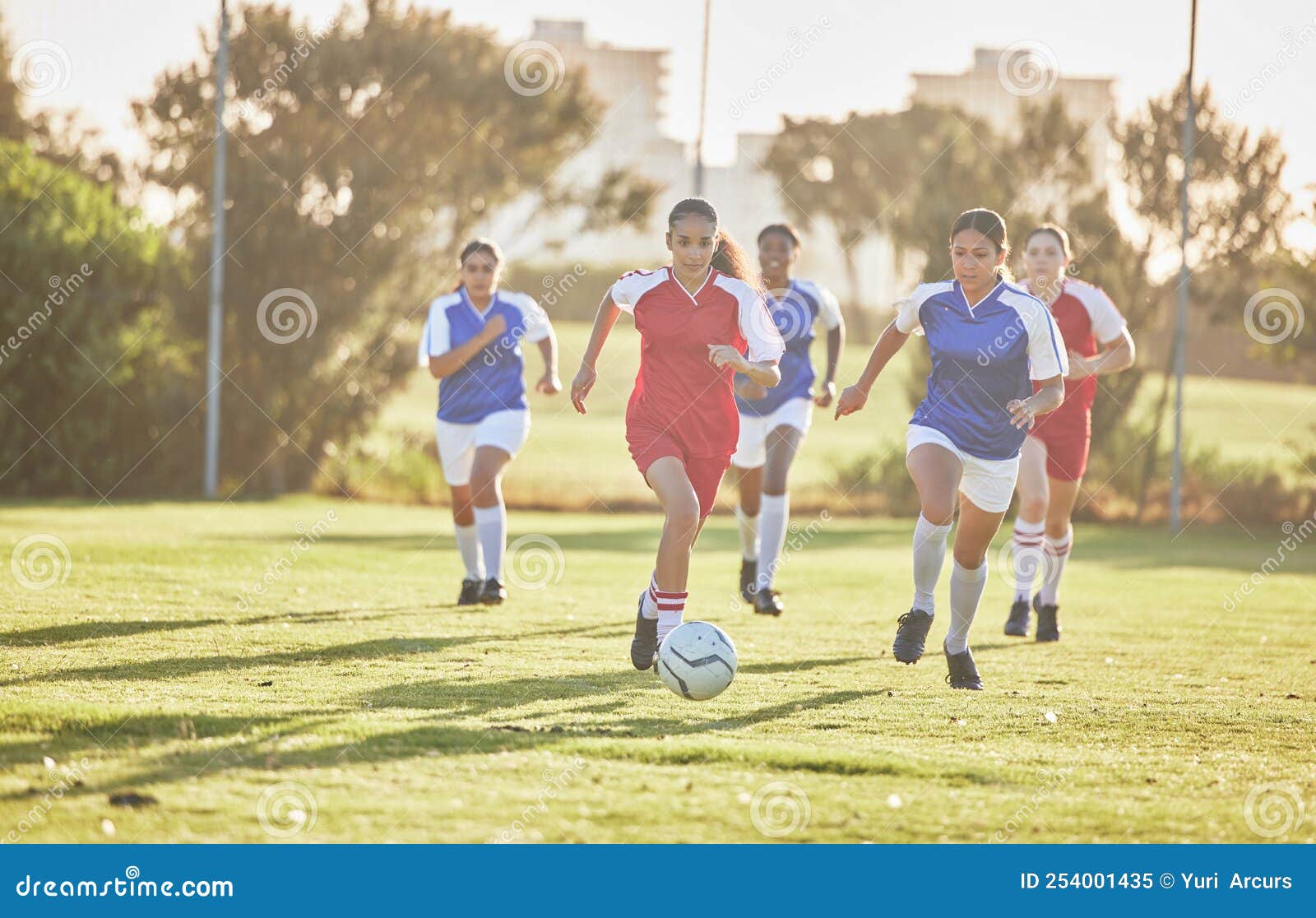 Jogo de esportes femininos e mãos com bola em um campo para