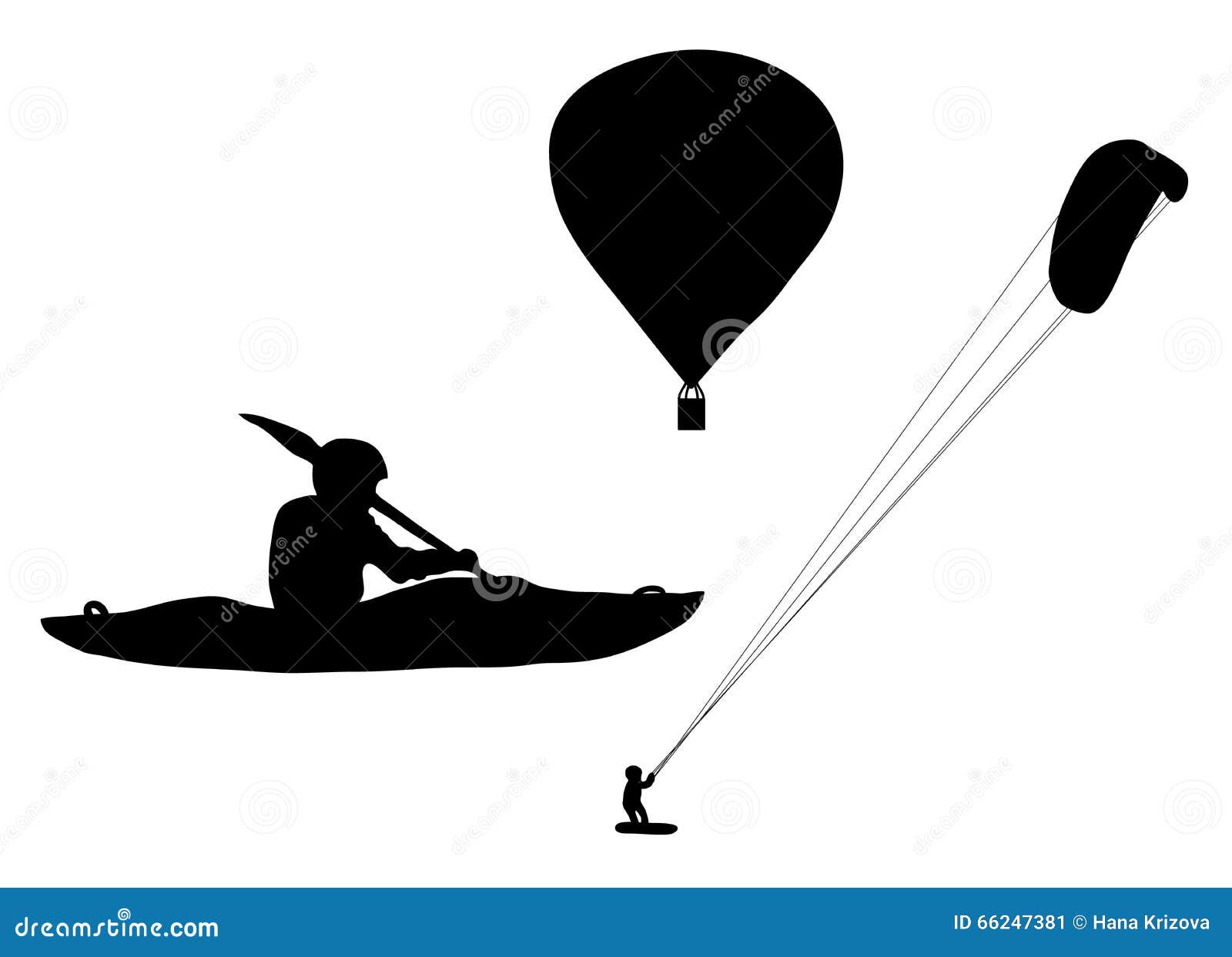 Esportes extremos da silhueta preta que ballooning, kayaking e kiteboarding