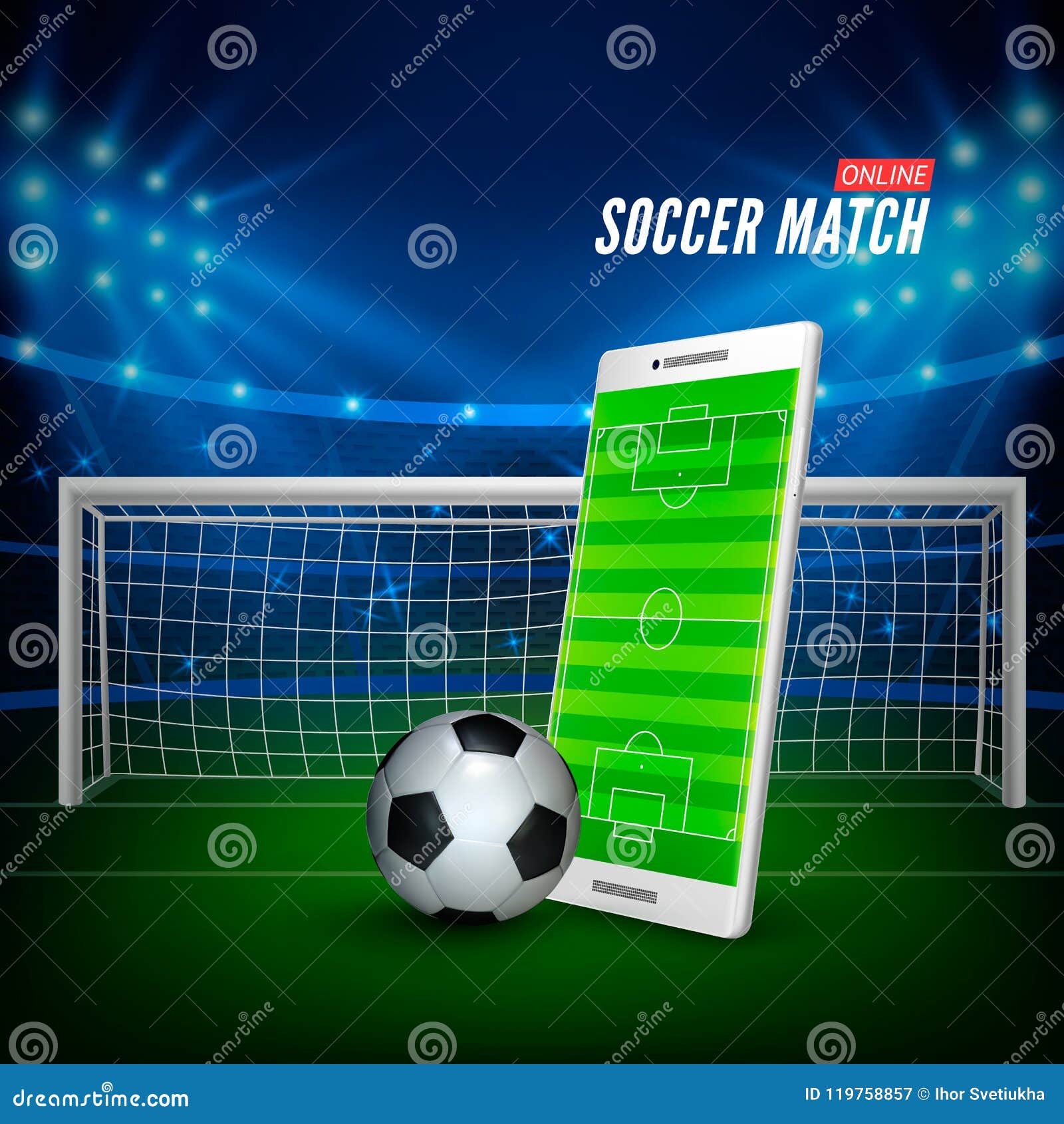 Bola com um smartphone em um fundo azul futebol online 1