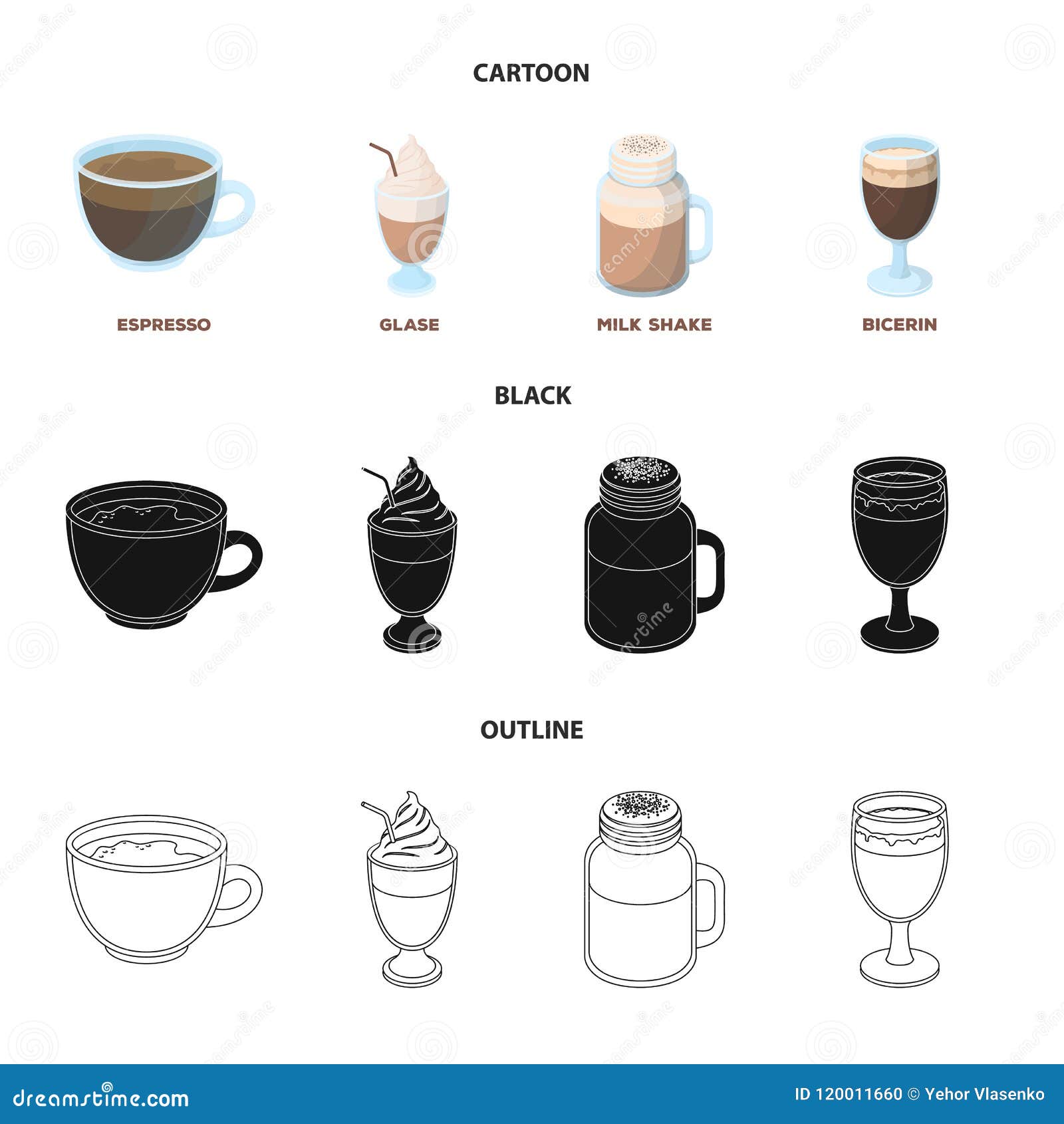 esprecco, glase, milk shake, bicerin.different types of coffee set collection icons in cartoon,black,outline style