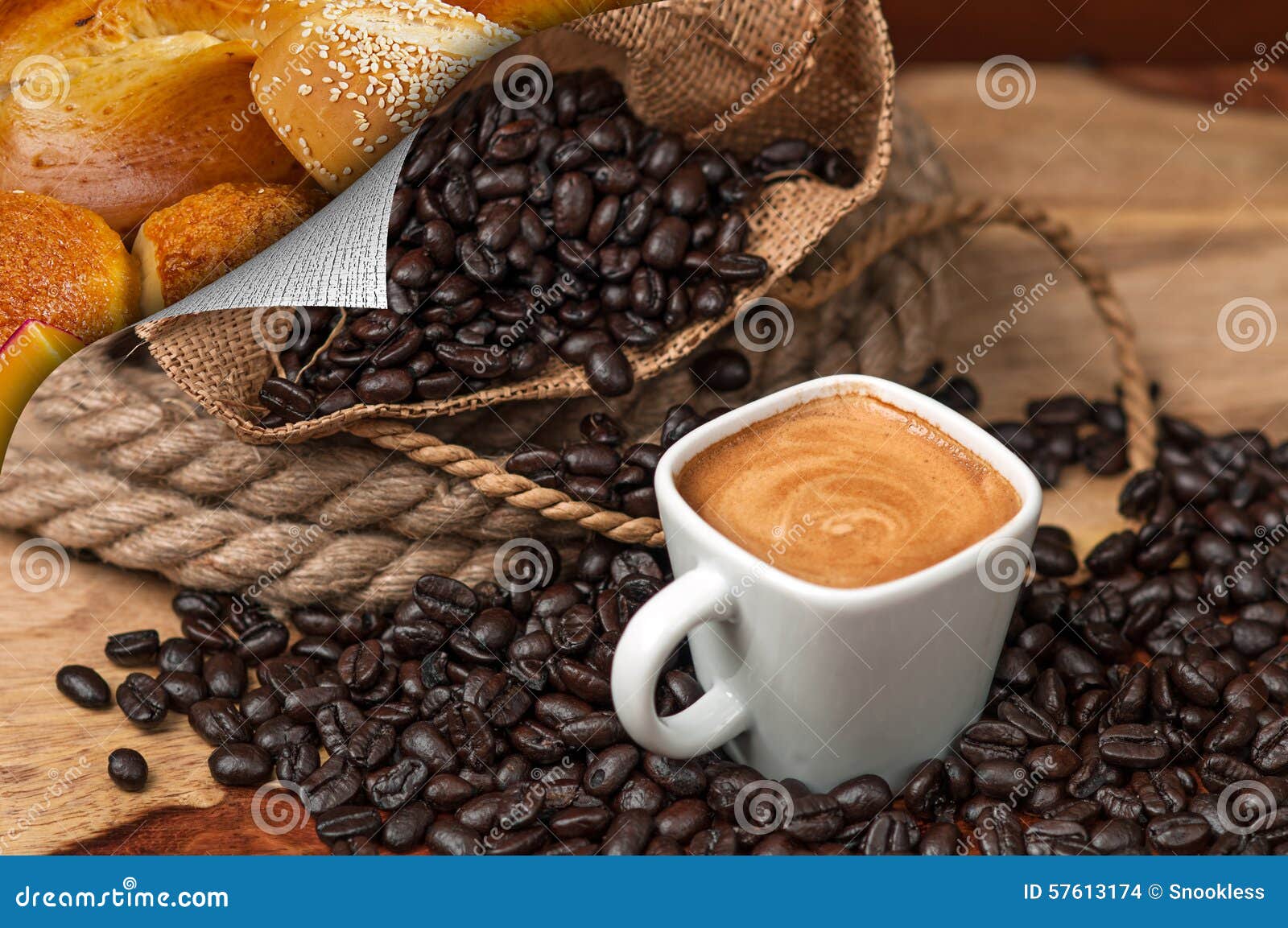 espresso, coffee beans and bread