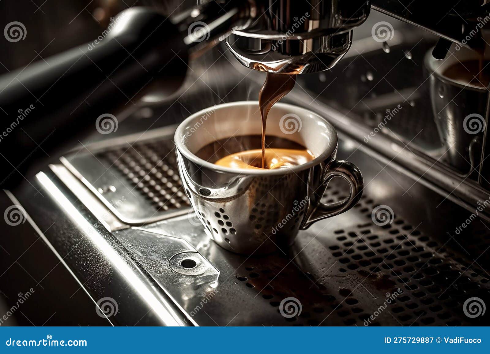 The Espresso Coffee Machine Makes an Invigorating Beverage. Stock