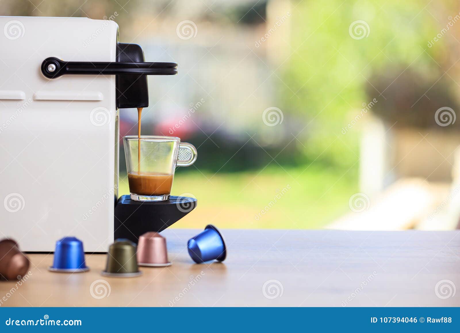 Espresso Coffee Machine On A Wooden Table Blur Background Space