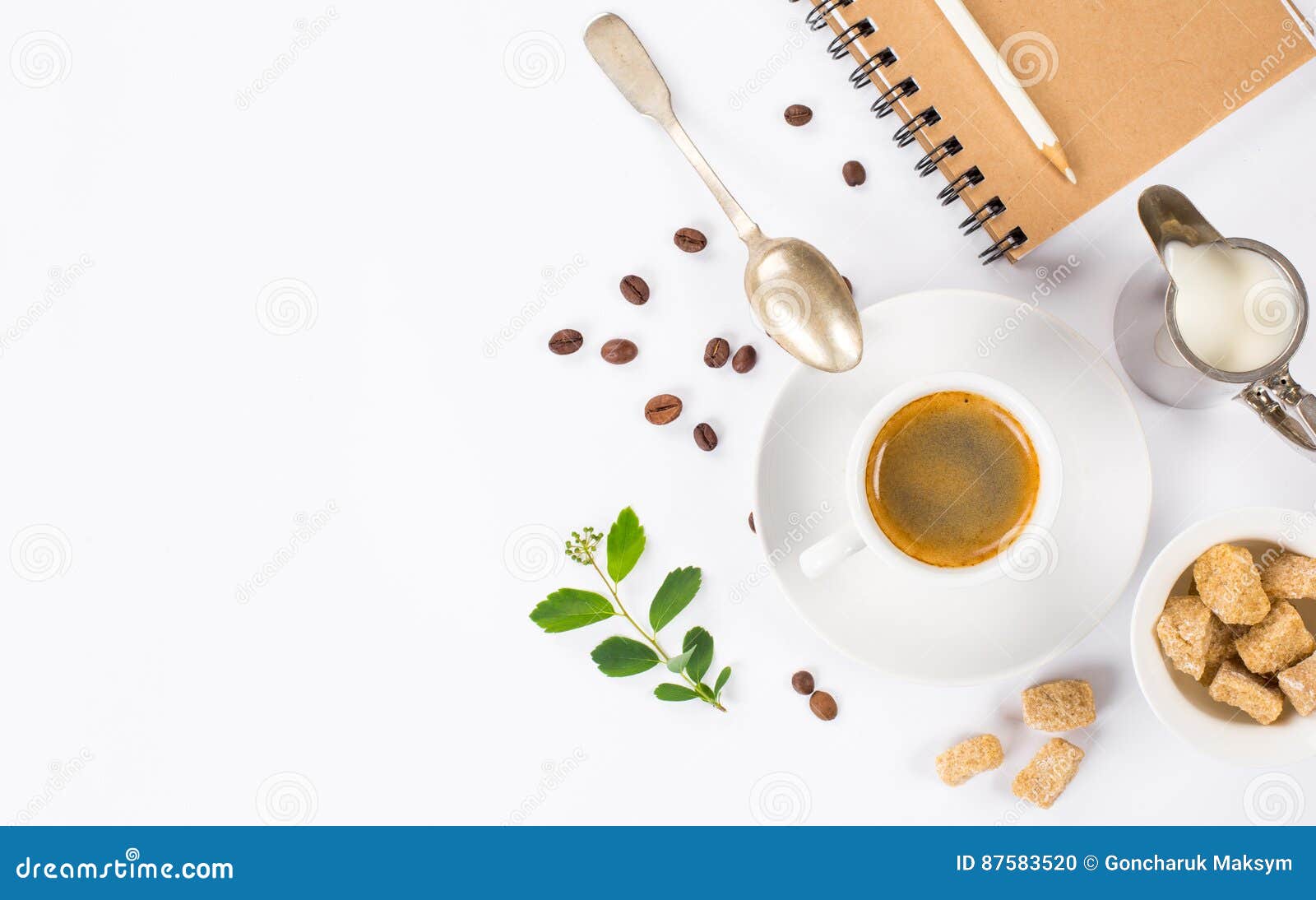 Espresso Coffee, Milk and Sugar on White Background Stock Photo Image