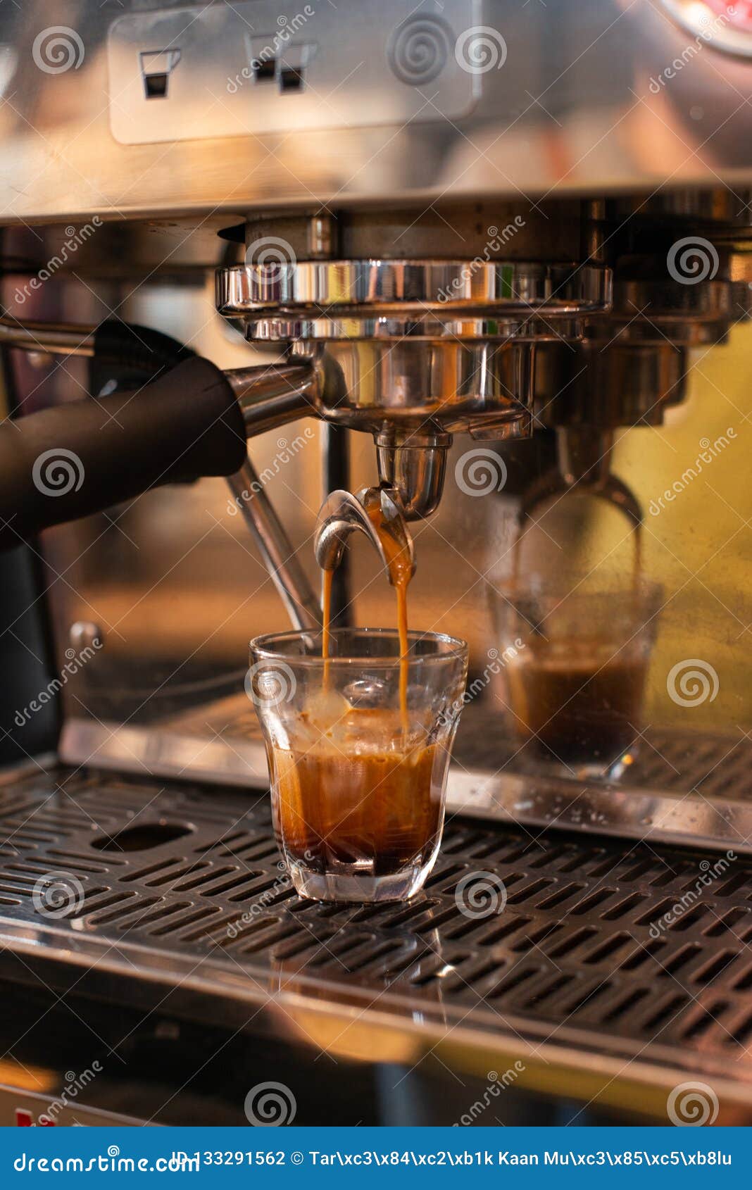 Espresso Machine Pouring Espresso, Barista on Work, Cafe Scene Stock