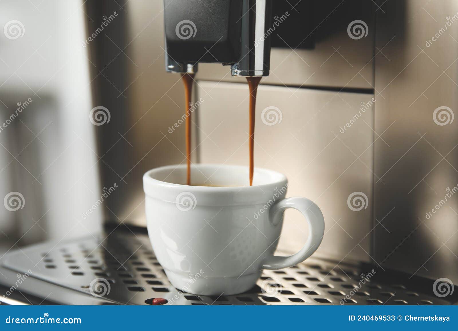 Espresso Machine Pouring Coffee Cups Blurred Background Closeup