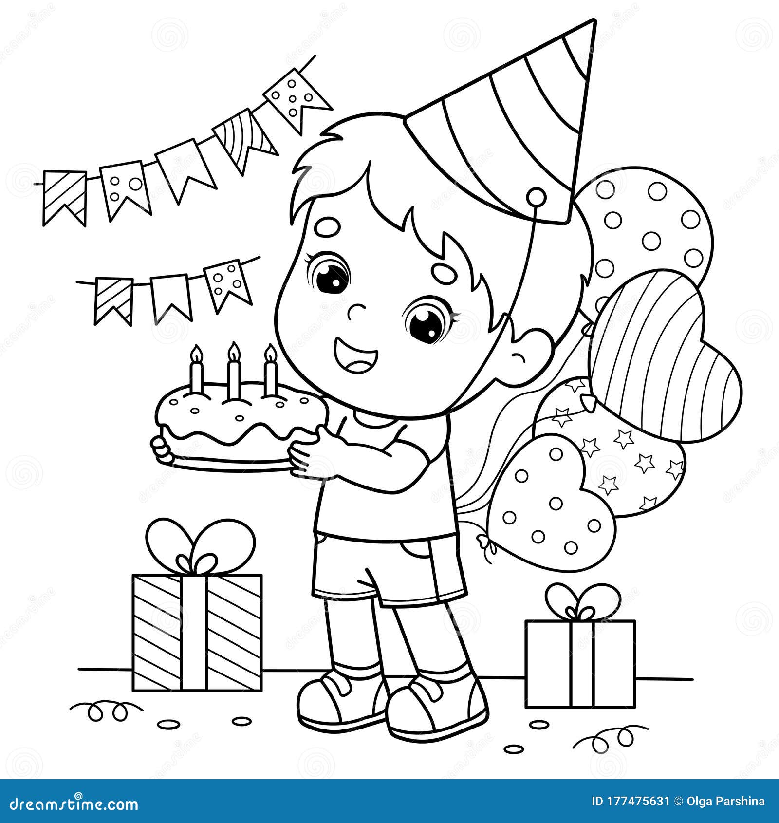 Esquema De Página De Color De Un Niño De Caricatura Con Un Pastel Y Regalos  En La Festividad. Cumpleaños. Libro De Colorear Para N Ilustración del  Vector - Ilustración de colorante, actividad: