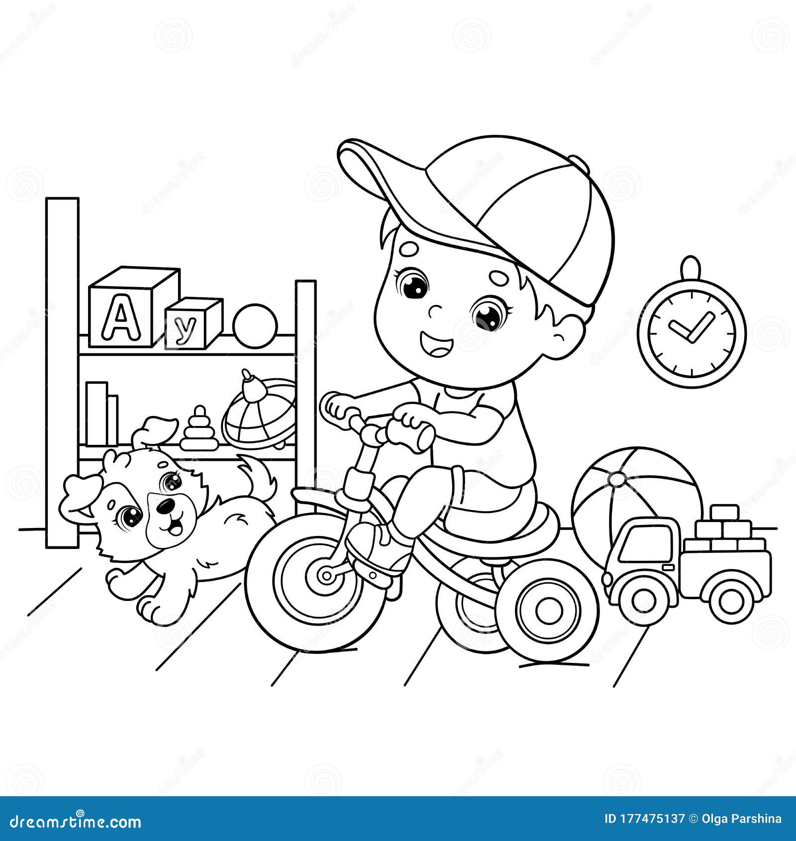 Esquema De Página Para Colorear De Un Niño De Dibujos Animados Montando Una  Bicicleta Con Una Cometa Y Con Un Perro. Libro Para Colorear Para Niños  Ilustraciones svg, vectoriales, clip art vectorizado