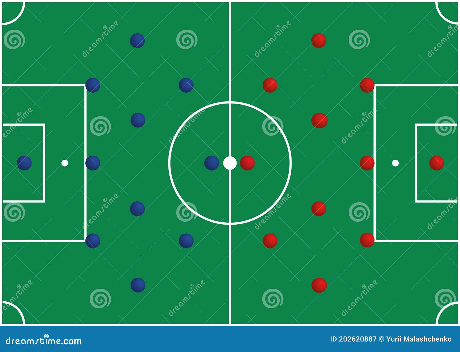 Um campo de futebol cibernético azul com um esquema tático da