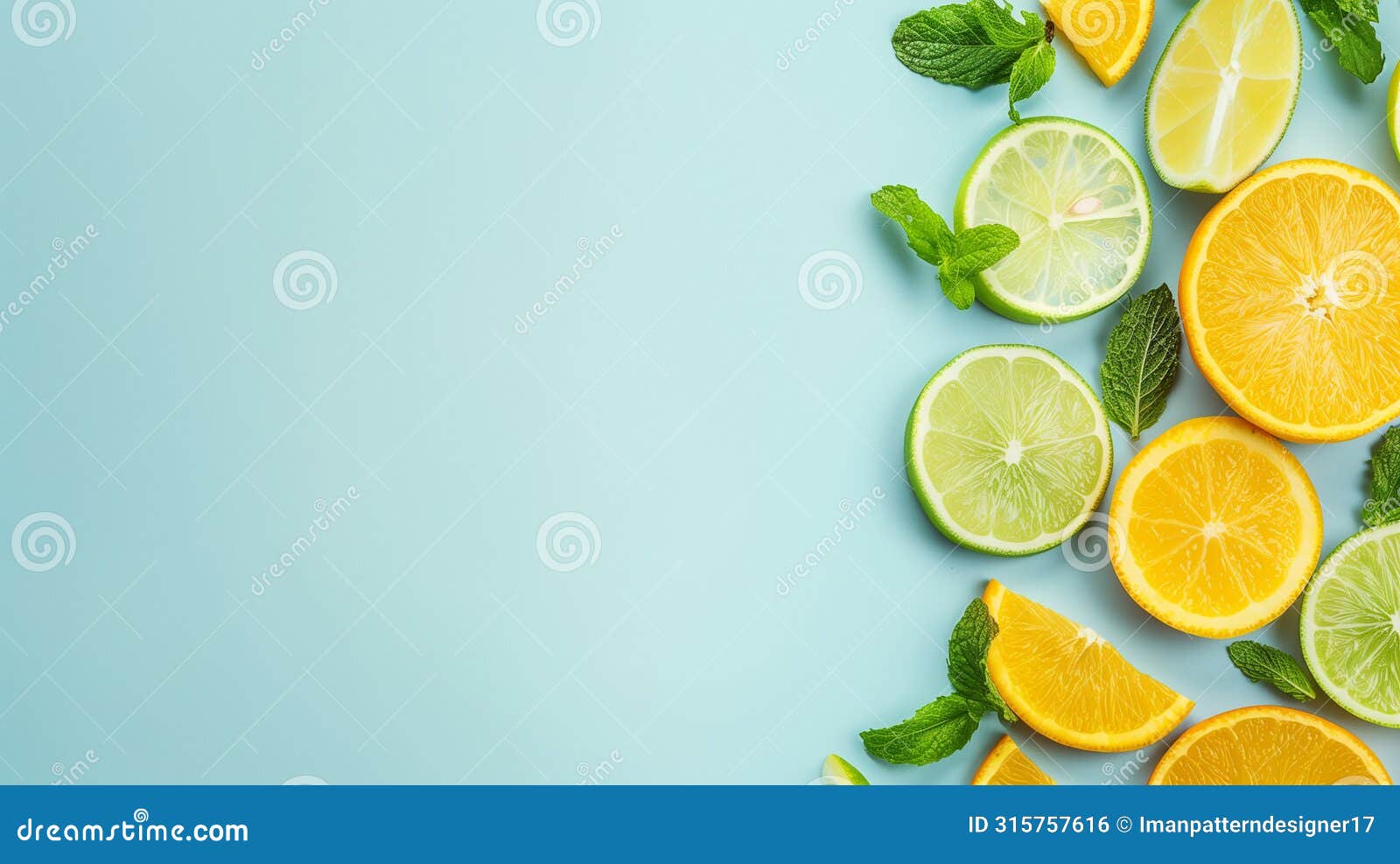 citrus fruits and mint leaves arranged on a pastel blue background with a copy space