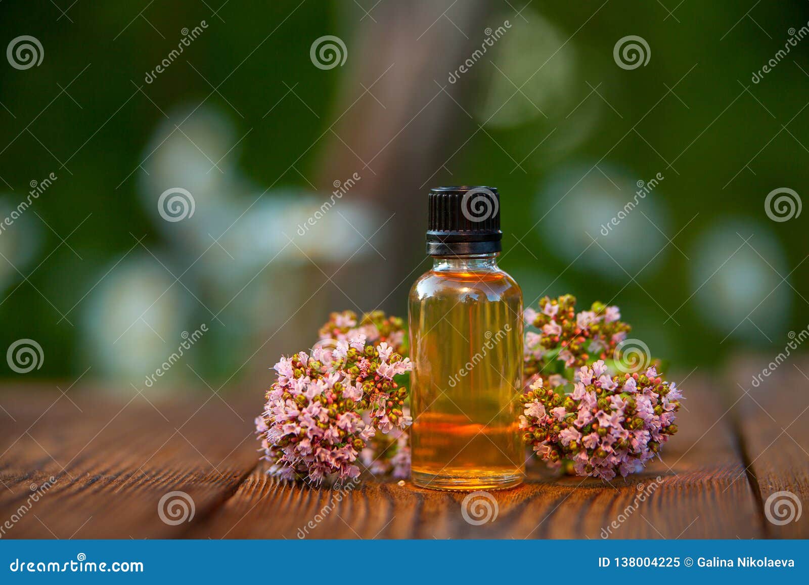Essence of Lavender Flowers on Table in Beautiful Glass Bottle Stock