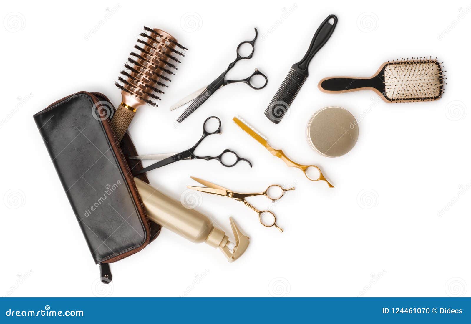 Essential Hair Dresser Tools With Leather Bag On White Background