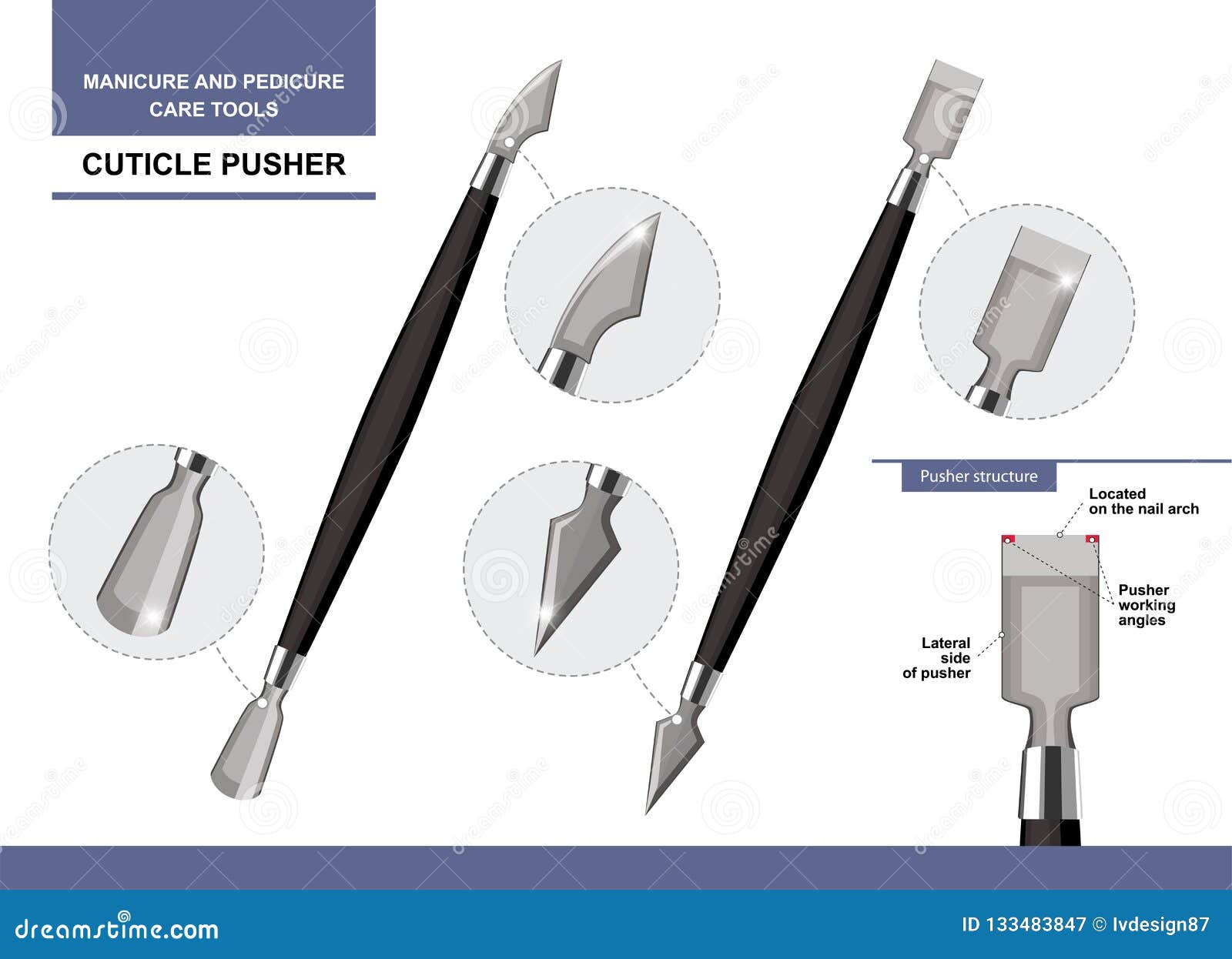 essential manicure and pedicure tools and equipment. cuticle pusher  on white background. tool kit for nail extension