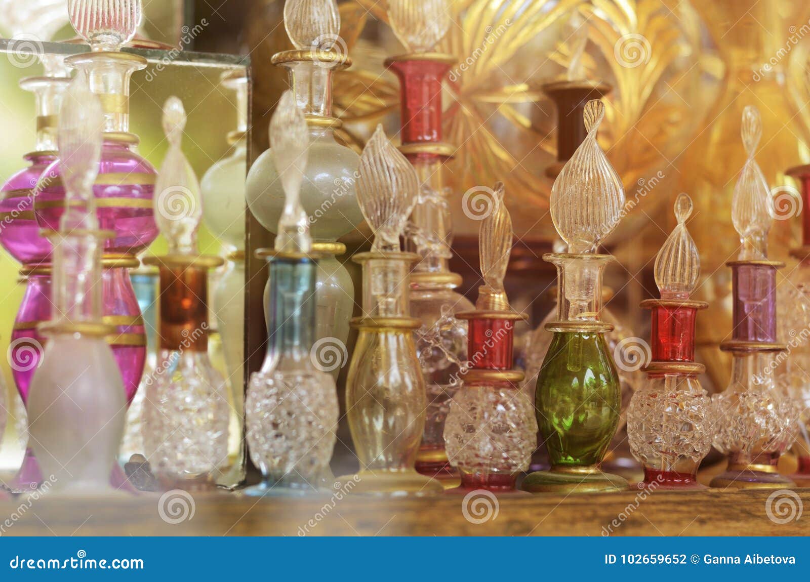 Essential Oil Perfume Bottles on Showcase of Egypt Store Stock Photo