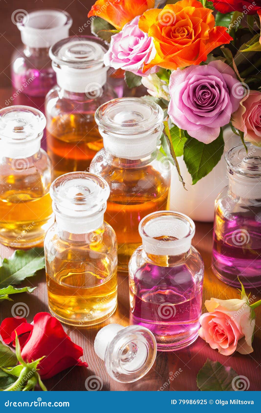 Essential Oil and Rose Flowers Aromatherapy Spa Perfumery Stock Image