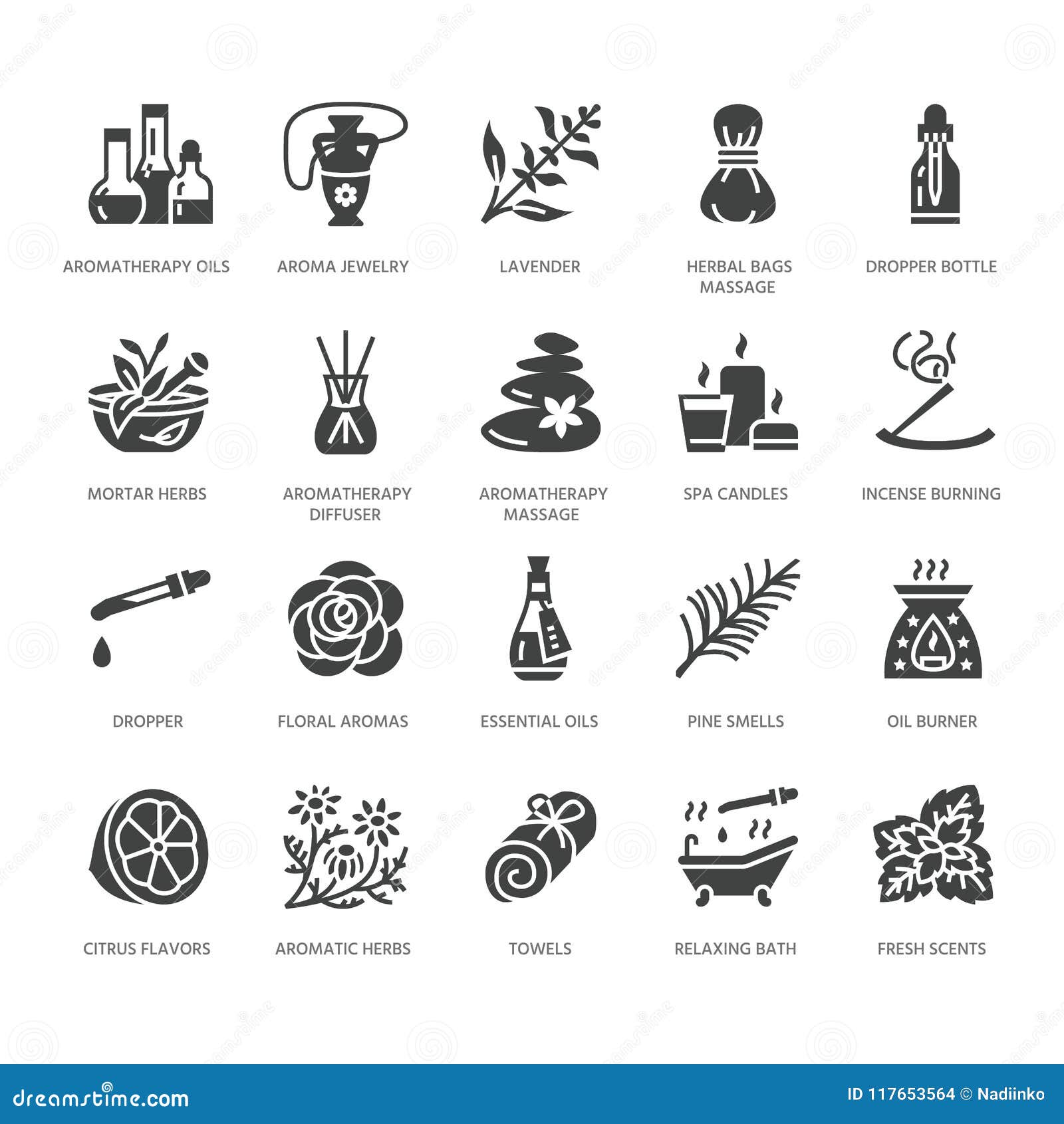 Essential Oils Aromatherapy Vector Flat Glyph Icons Set. Elements
