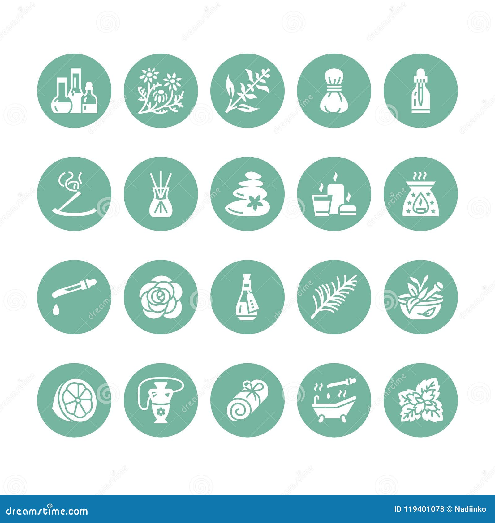 Essential Oils Aromatherapy Vector Flat Glyph Icons Set. Elements