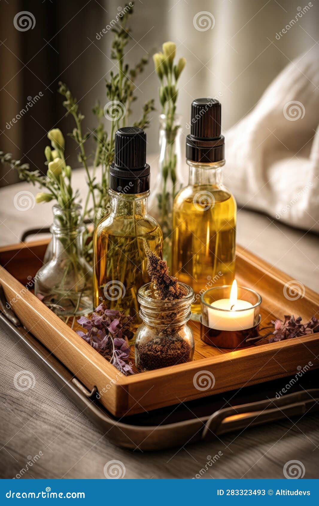 Essential Oils and Candles on Wooden Tray Stock Illustration