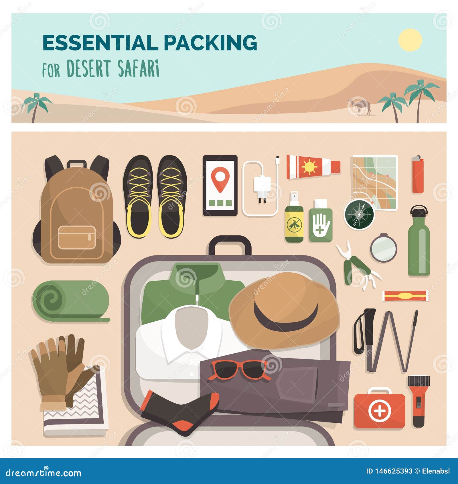 Essential Packing for Desert Safari Tour Stock Vector - Illustration of  bring, adventure: 146625393