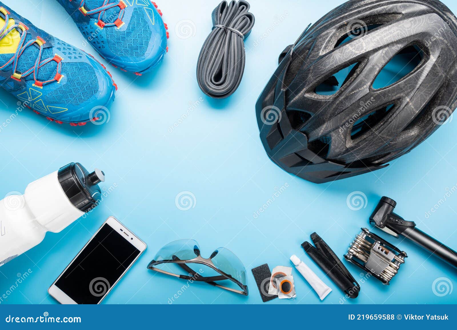 Essential Things for a Cyclist on the Road. Cyclist Travel Tools Stock
