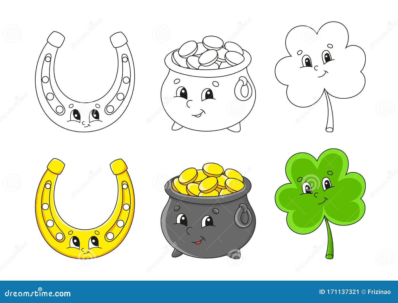 Establecer Página De Color Para Niños Día De San Patricio Pota De Oro  Personajes De Dibujos Animados Chismoso Trébol Herradura Do Ilustración del  Vector - Ilustración de moneda, conjunto: 171137321