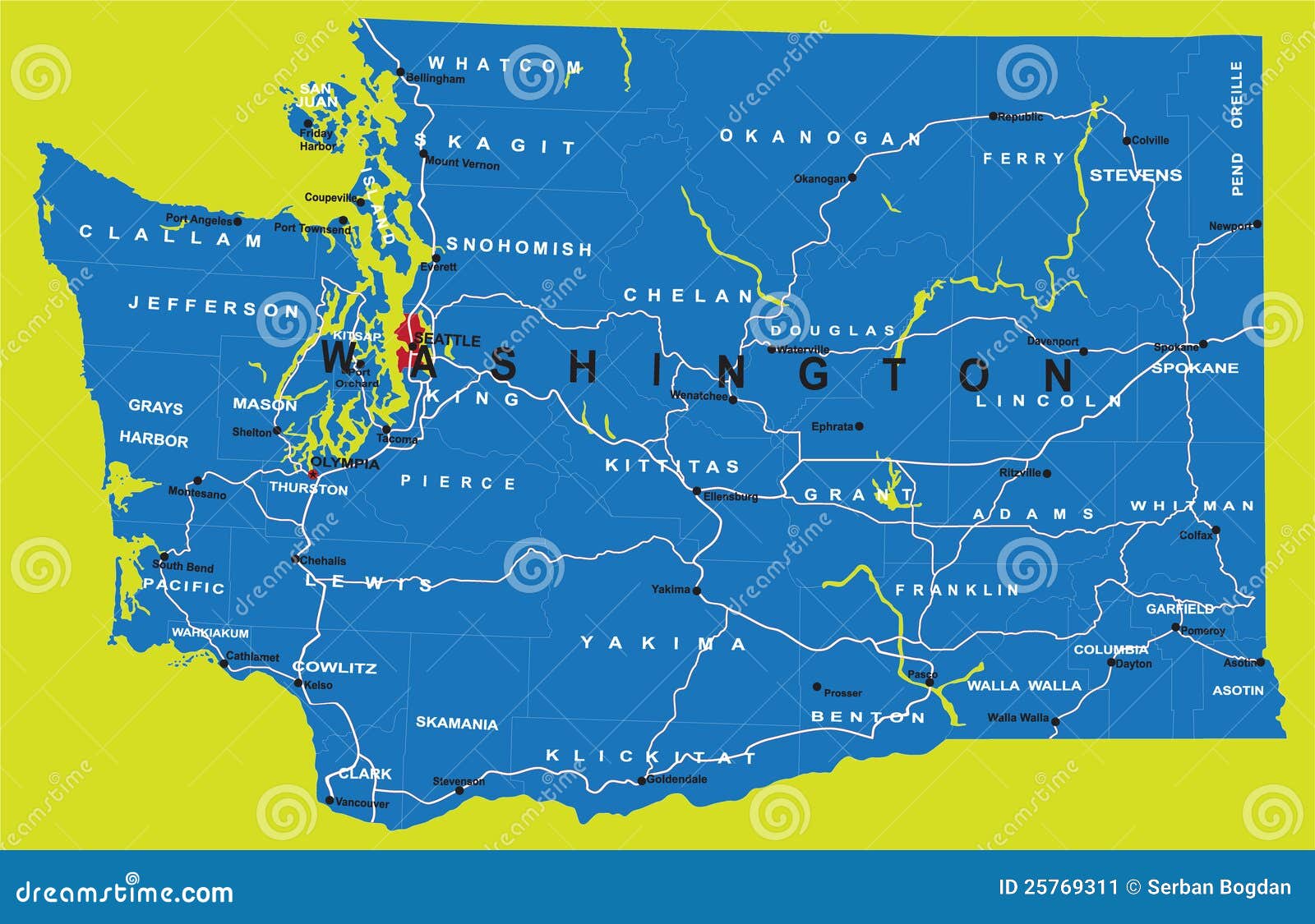 Estado De Mapa Político De Washington Ilustração do Vetor Ilustração