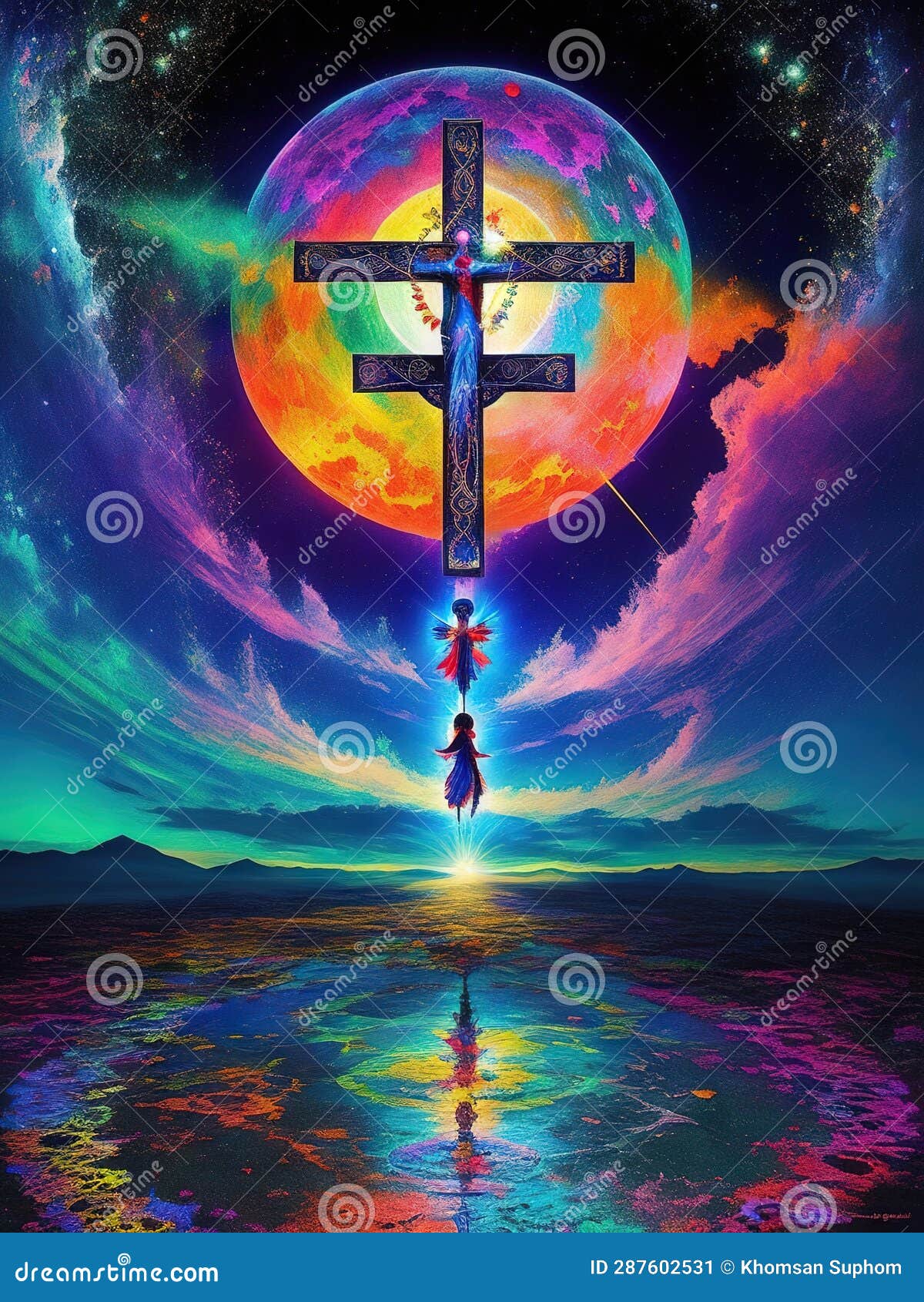 social media happy easter for christianity in portuguese crucifix colourful electric lightning  style