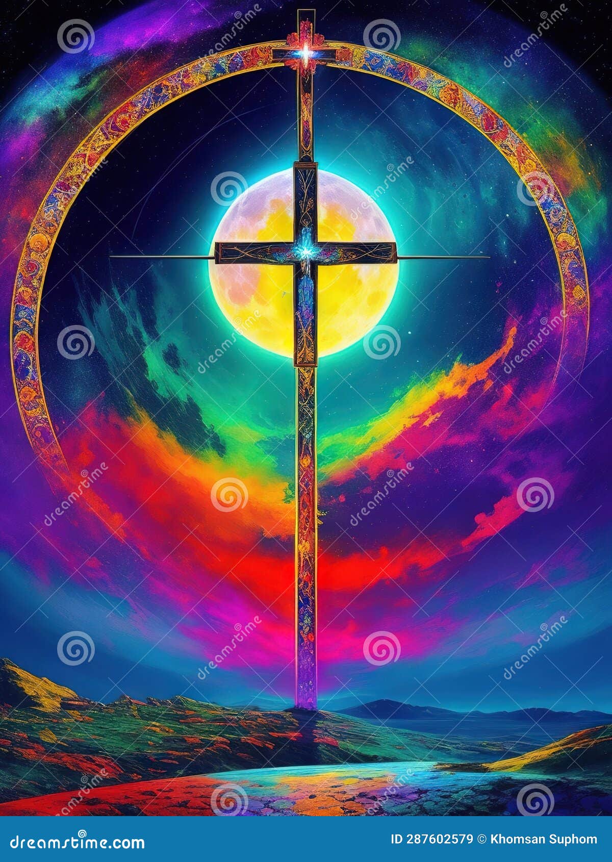 social media happy easter for christianity in portuguese crucifix colourful electric lightning  style