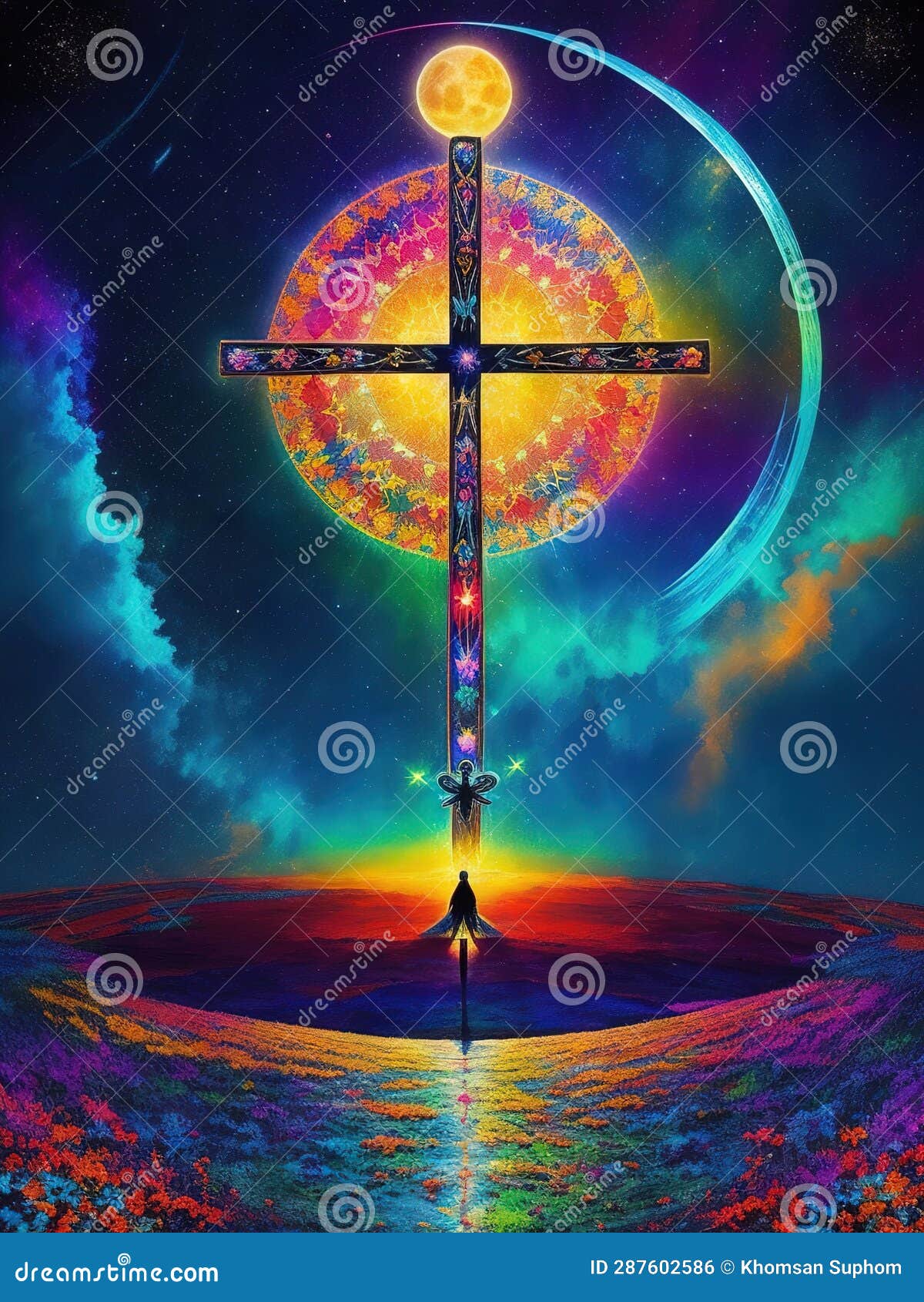 social media happy easter for christianity in portuguese crucifix colourful electric lightning  style