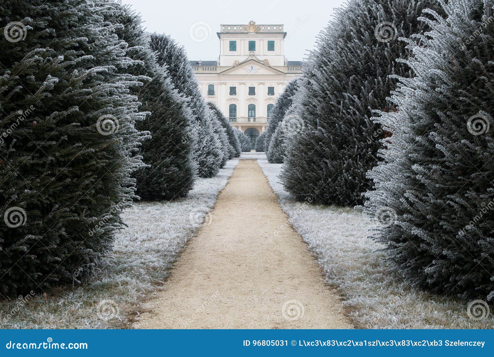 esterhazy castle backyard in winter with dirt road, fertod