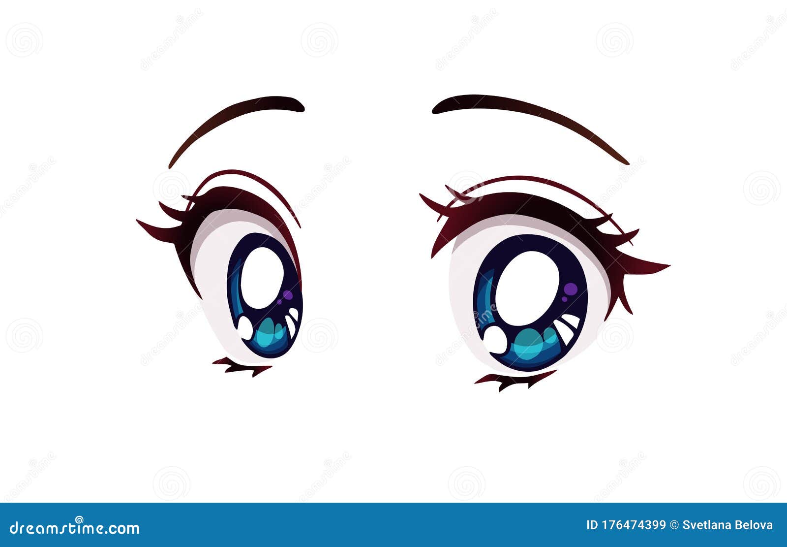 Estilo Animado Grande Olhos Azuis Nariz Pequeno E Boca Kawaii. Ilustração  do Vetor - Ilustração de retrato, arte: 176474399