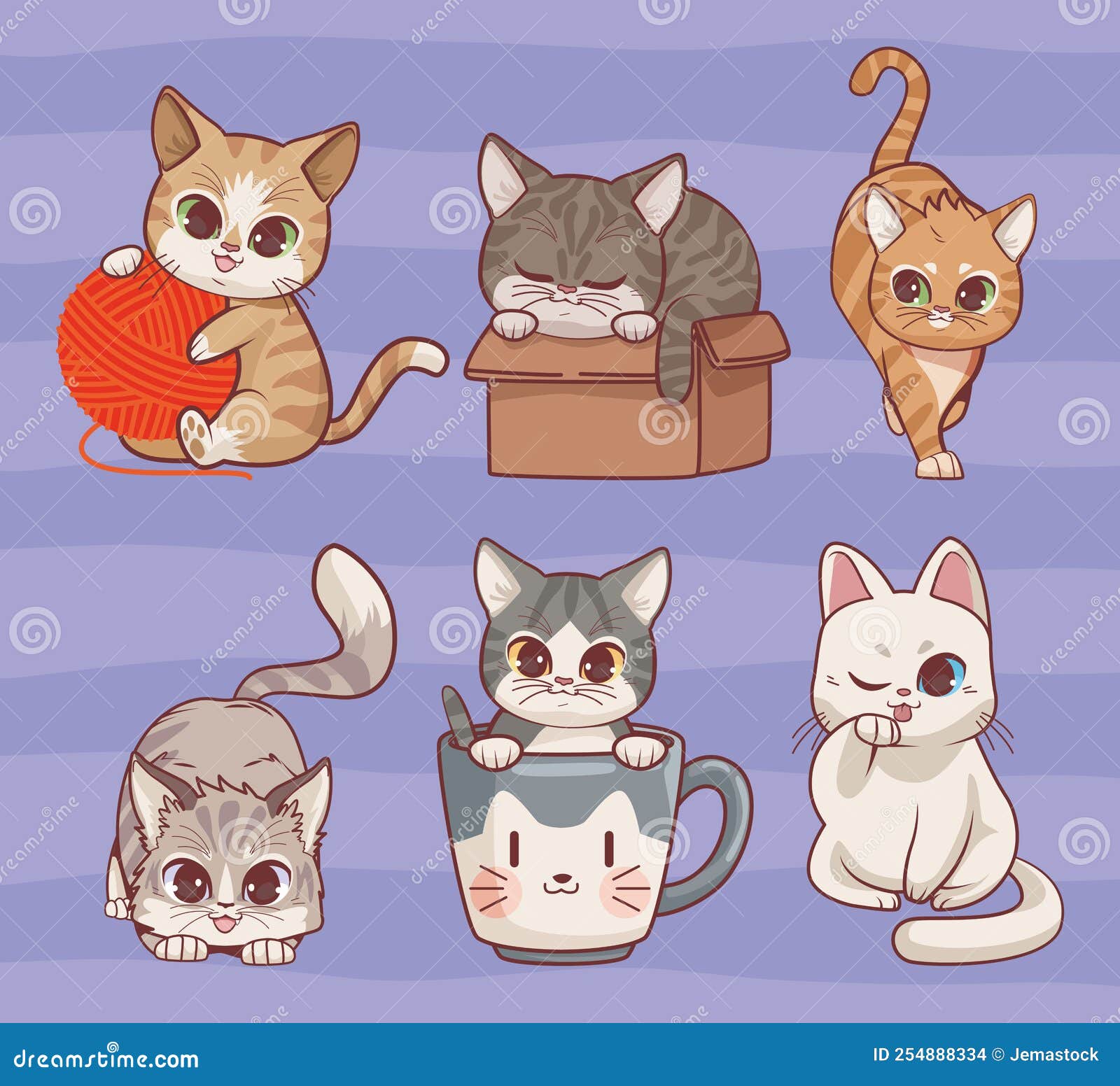 Estilo anime de seis gatos ilustração do vetor. Ilustração de projeto -  254888334