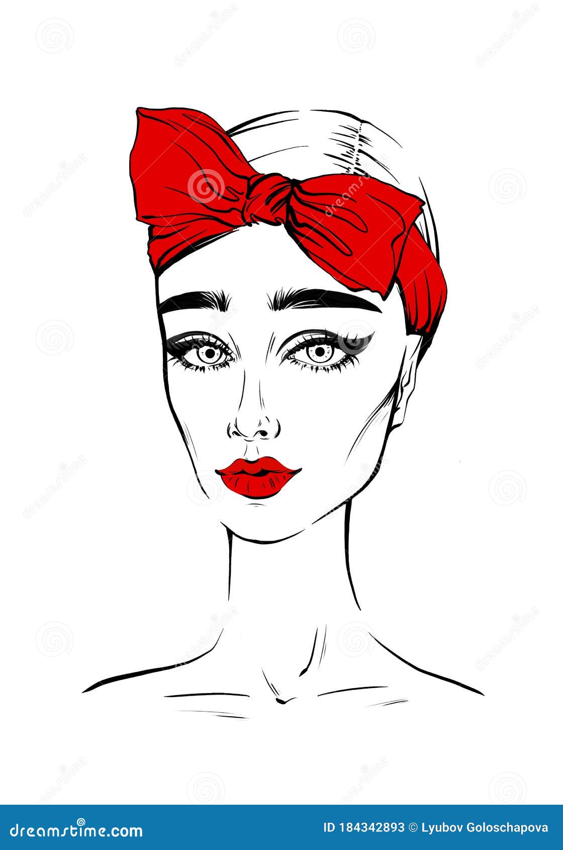 Estilo Mujer En Dibujo a Mano De La Bufanda. Ilustración De Retrato De Moda Realista De La Mujer En Arco De Peinado Rojo. Gat de ilustración - Ilustración de belleza,