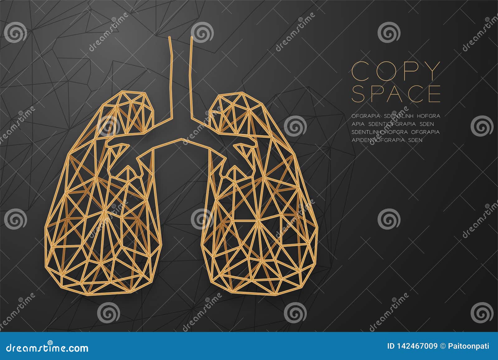 Estrutura dourada do quadro do polígono do wireframe da forma do pulmão, ilustração do projeto de conceito do órgão da ciência médica isolada no fundo preto do inclinação com espaço da cópia, vetor eps 10