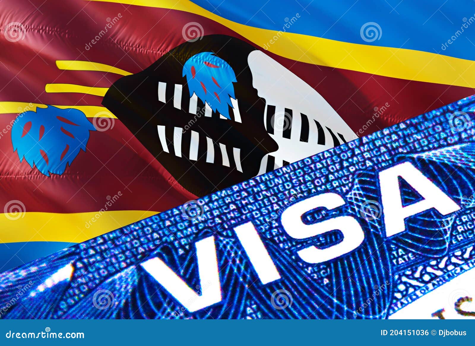 Eswatini Visa Document Close Up. Passport Visa on Eswatini Flag. Eswatini  Visitor Visa in Passport,3D Rendering Stock Photo - Image of vacation, visa:  204151036