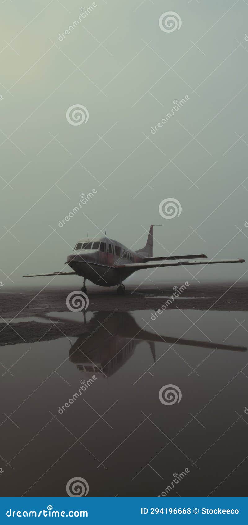 ethereal cinematic still shot of empty jet on foggy estuary
