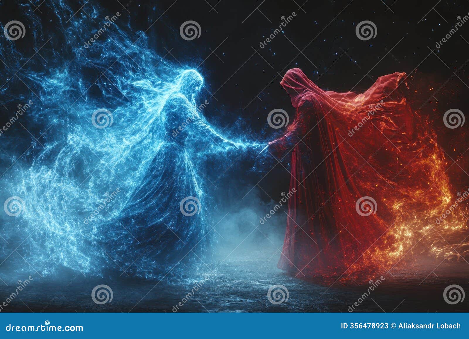 ethereal figures representing fire and ice join hands in a mystical encounter under a starry sky