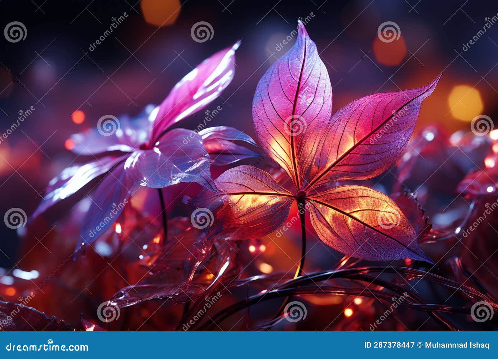 ethereal glow, neon lights encase leaves, forming a luminous and enchanting backdrop