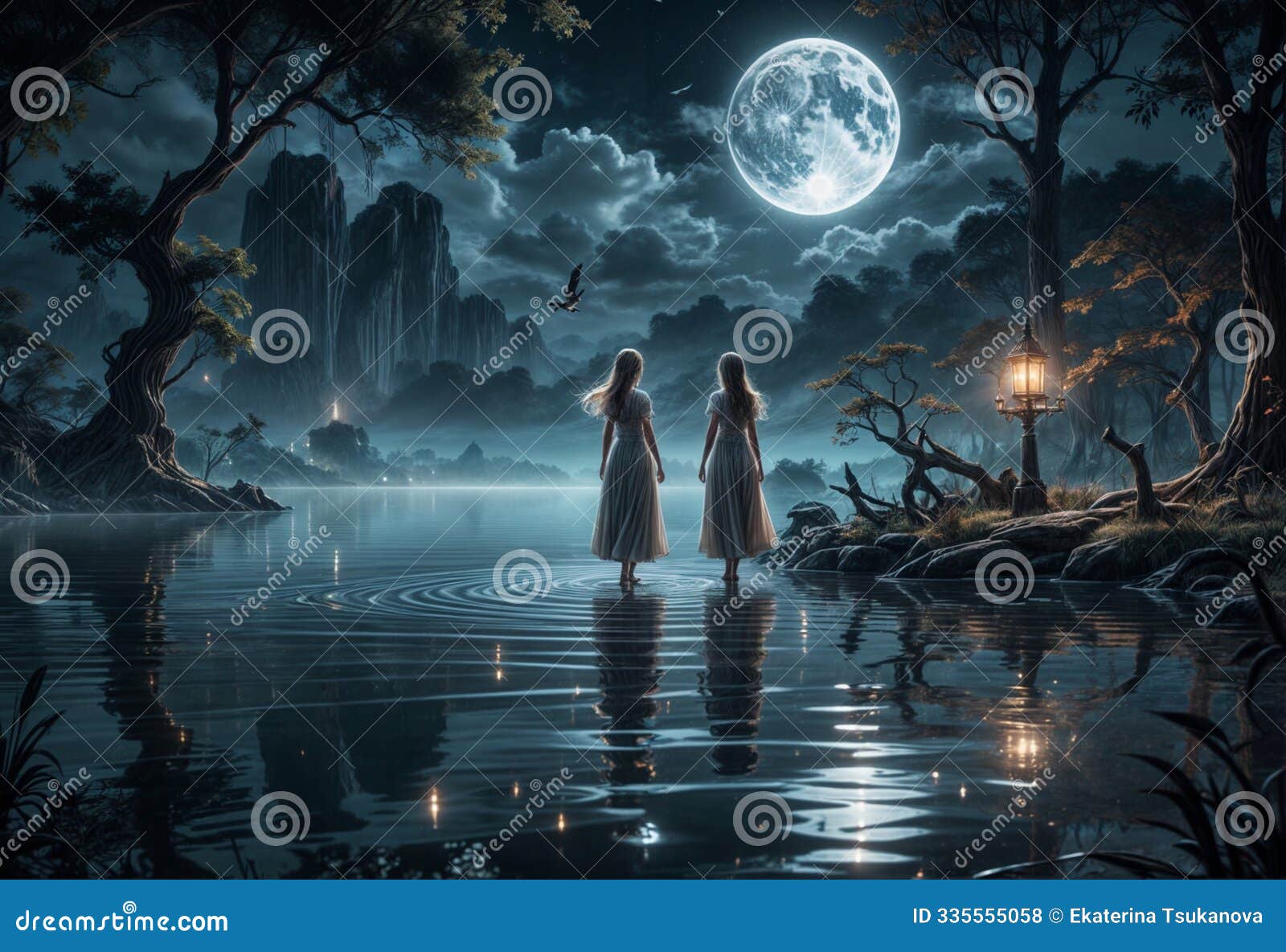 ethereal lakeside, moonlit dance of spirits, reflecting romantic supernatural anime.