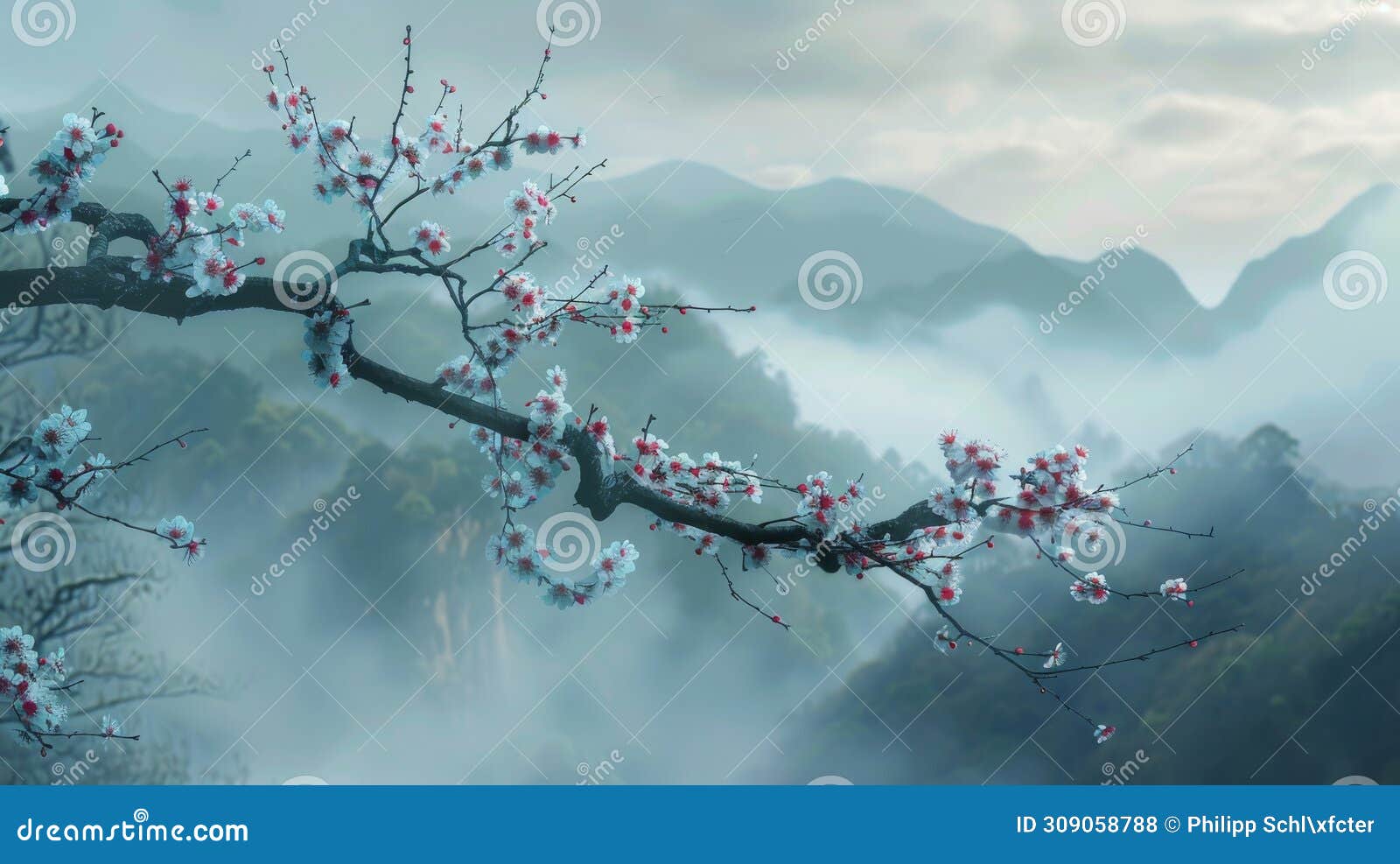 pristine cherry blossoms emerge on a branch, with a soft mist enshrouding distant mountains. generative ai