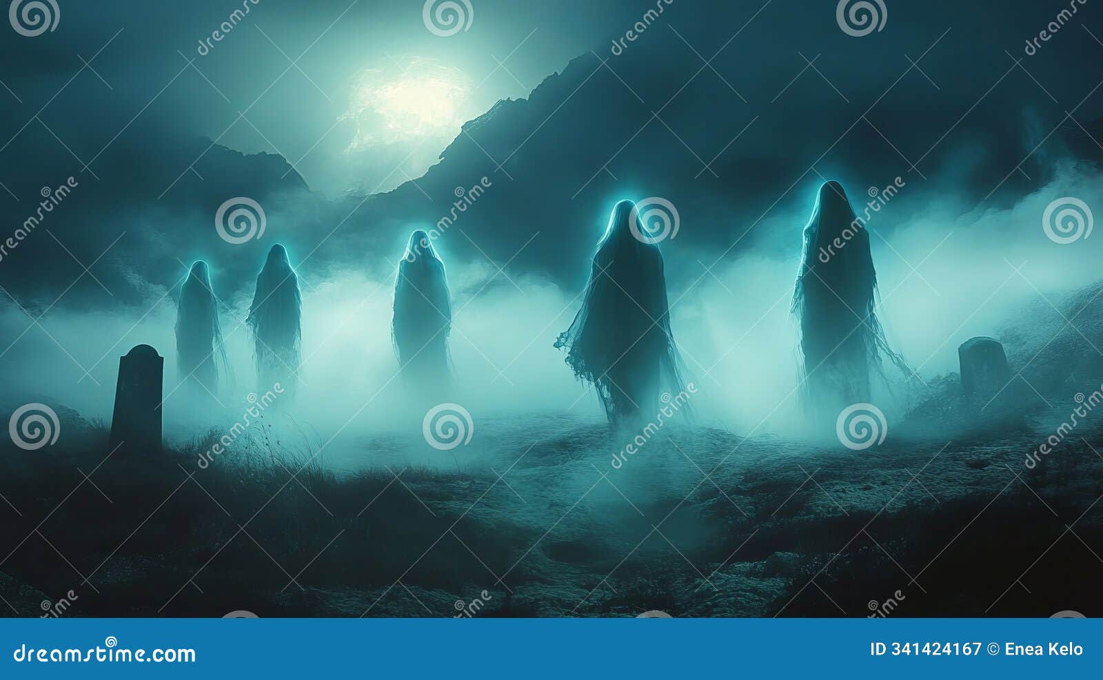 ghostly spirits in the graveyard