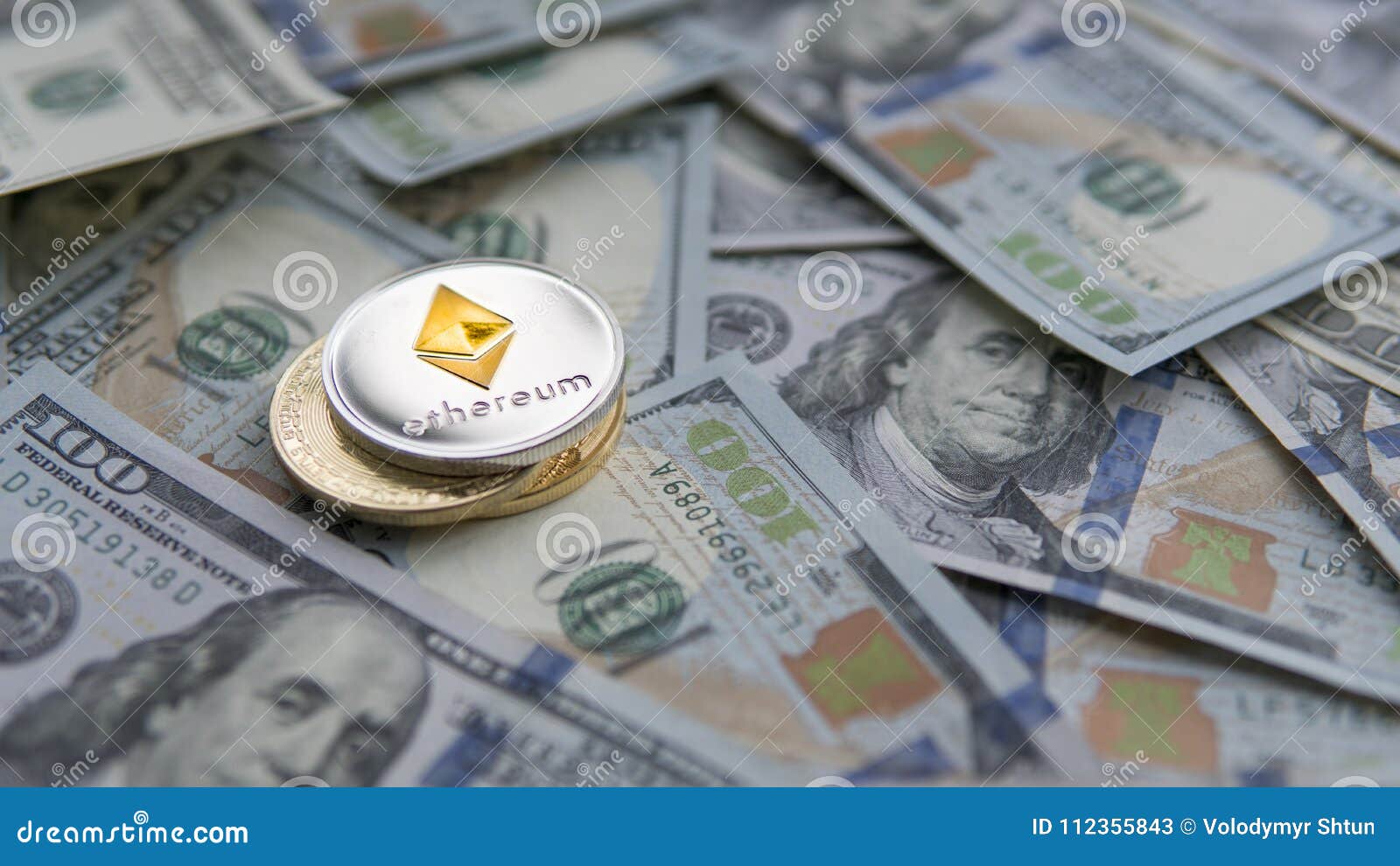 Ethereum Coin On A Golden Bitcoins On US Dollars. Digital ...