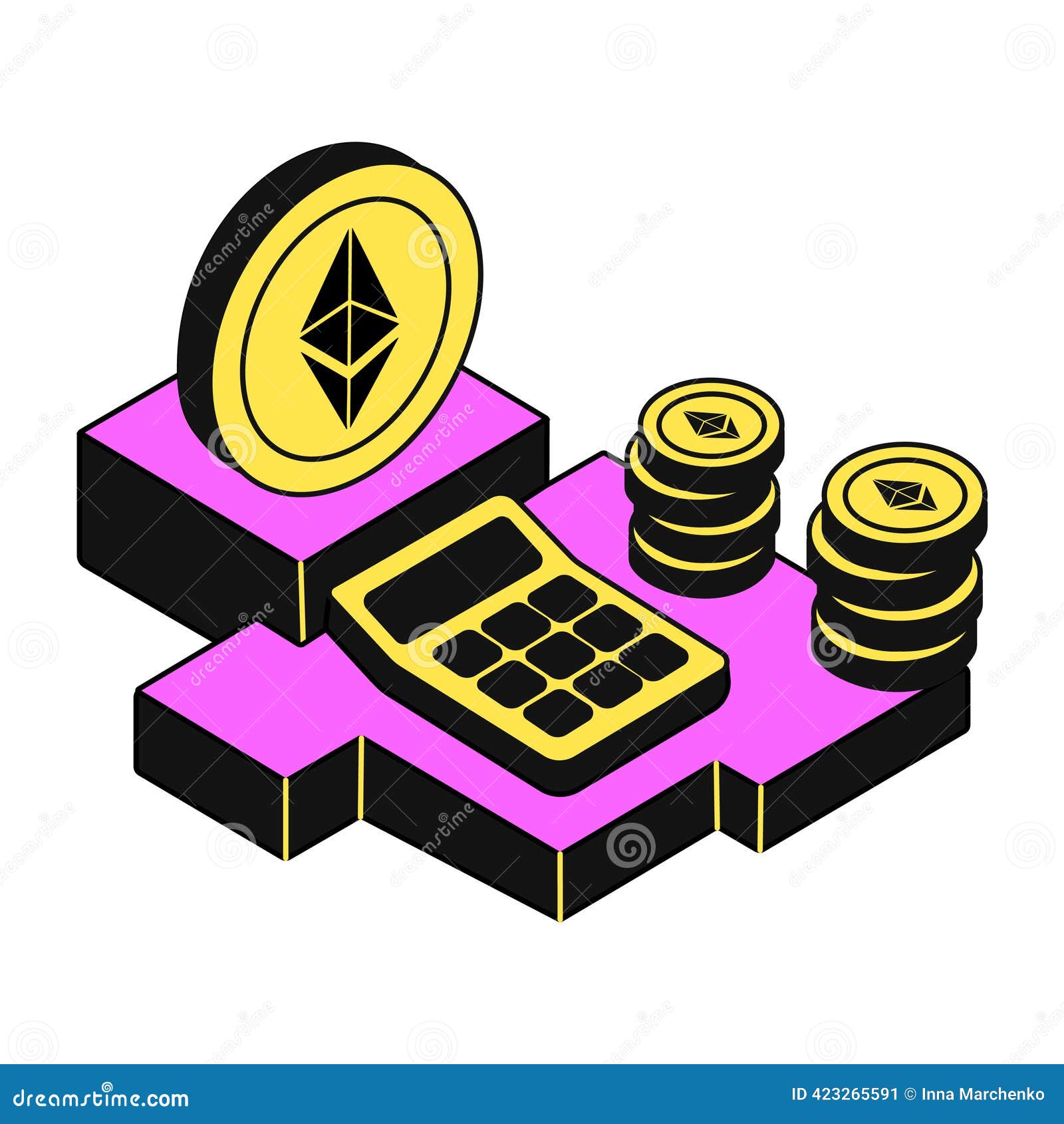 Ethereum Cryptocurrency Coins with Calculator and Stacks of Coins Stock  Vector - Illustration of cartoon, currency: 423265591