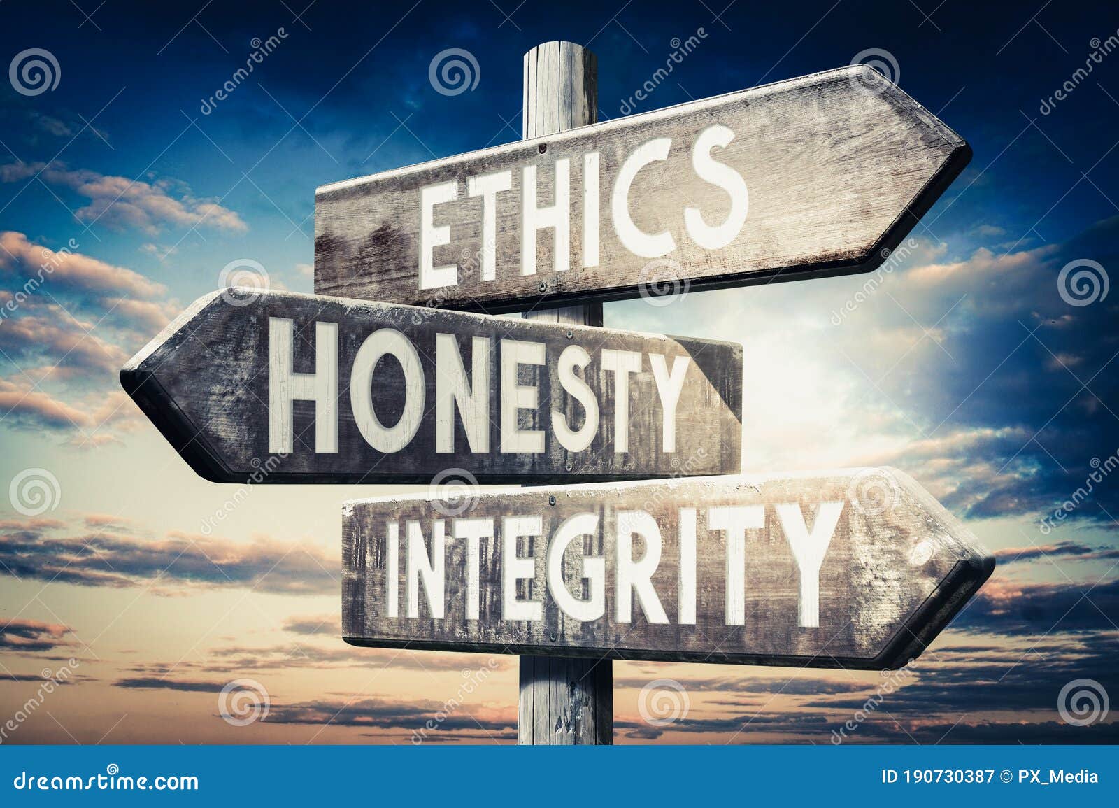 ethics, honesty, integrity - wooden signpost, roadsign with three arrows