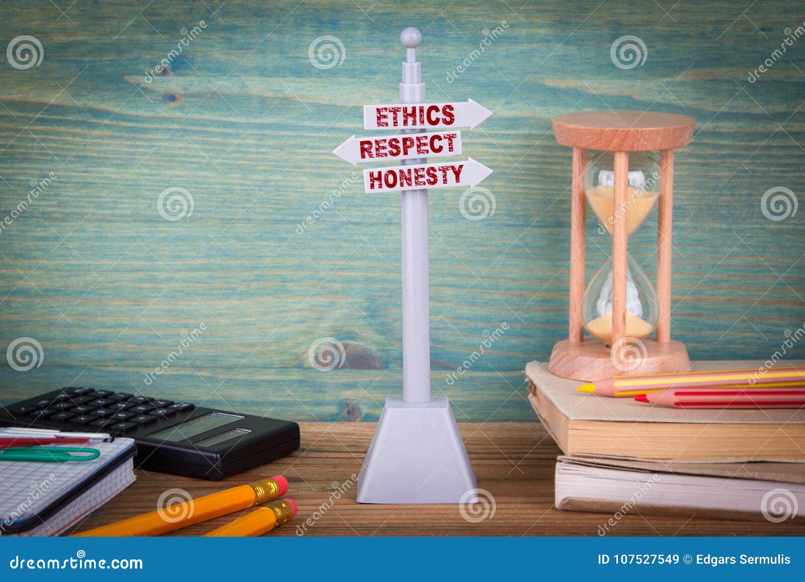 Ethics Respect Honesty Code Of Conduct Signpost On Wooden Table Stock