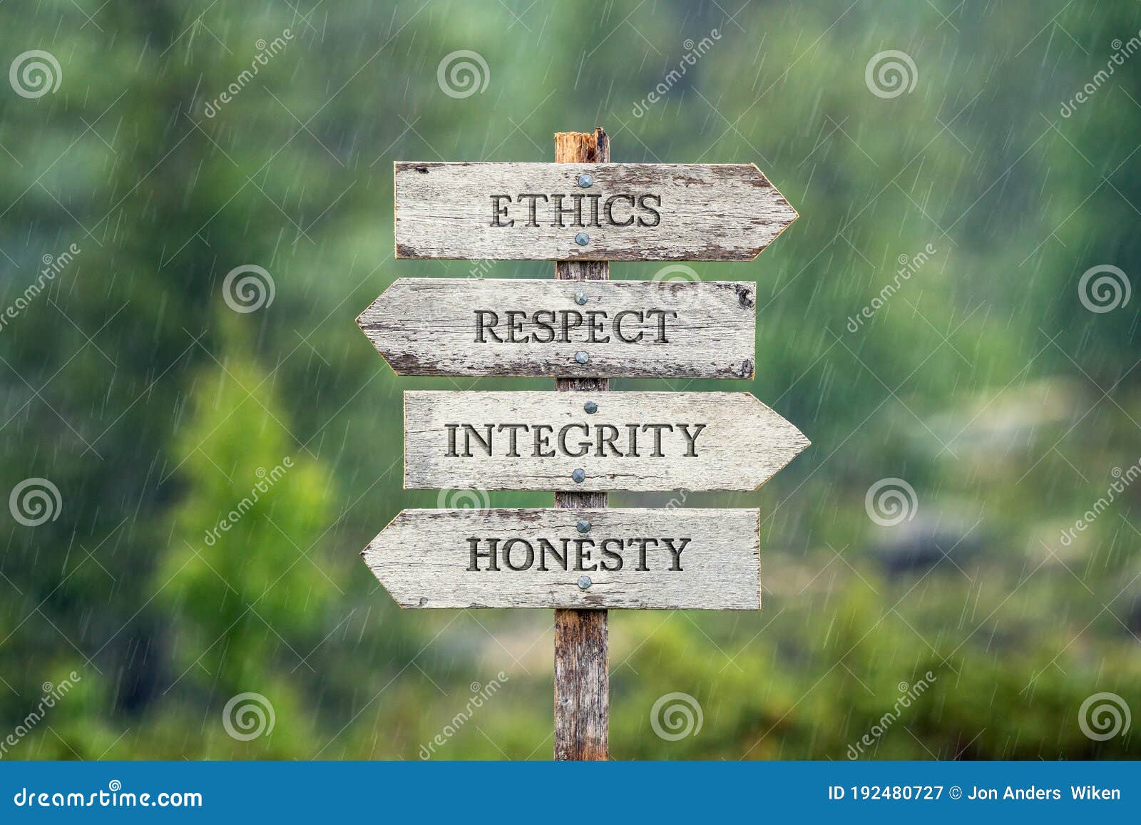 ethics respect integrity honesty text on wooden signpost outdoors in the rain