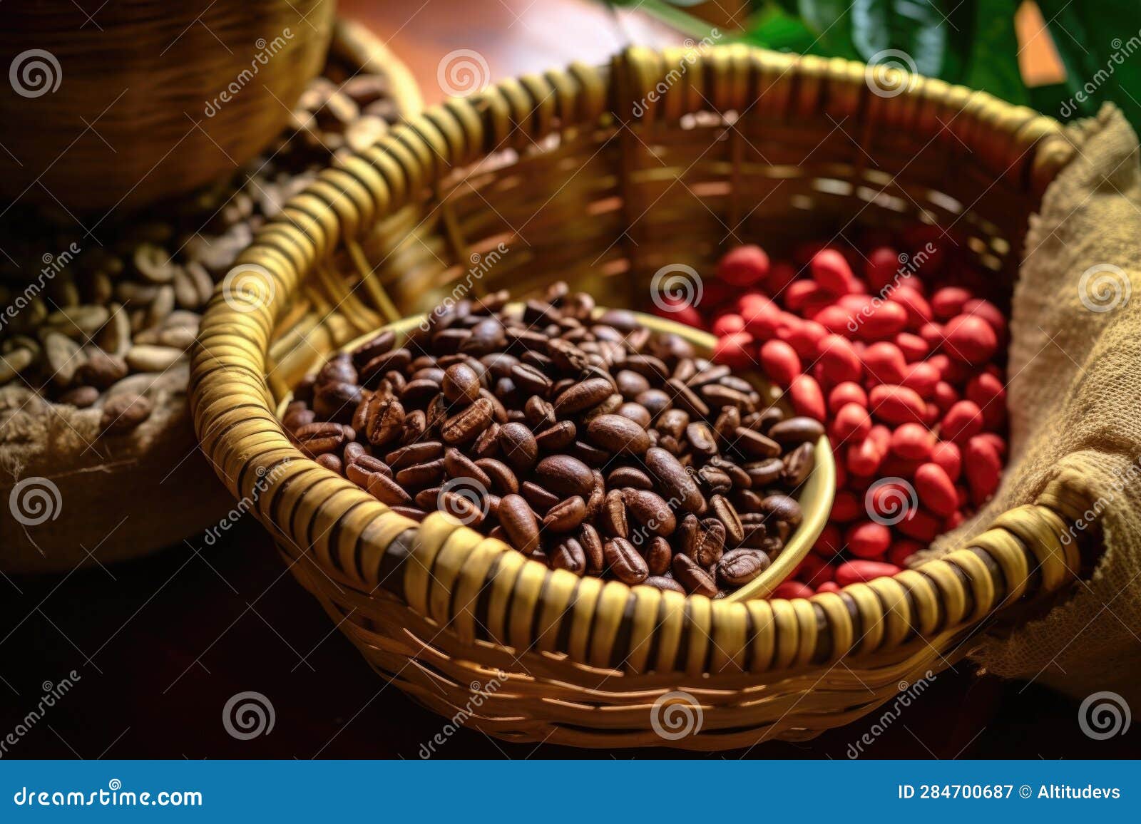 Ethiopian Coffee Beans, Roasted and Unroasted, in a Basket Stock