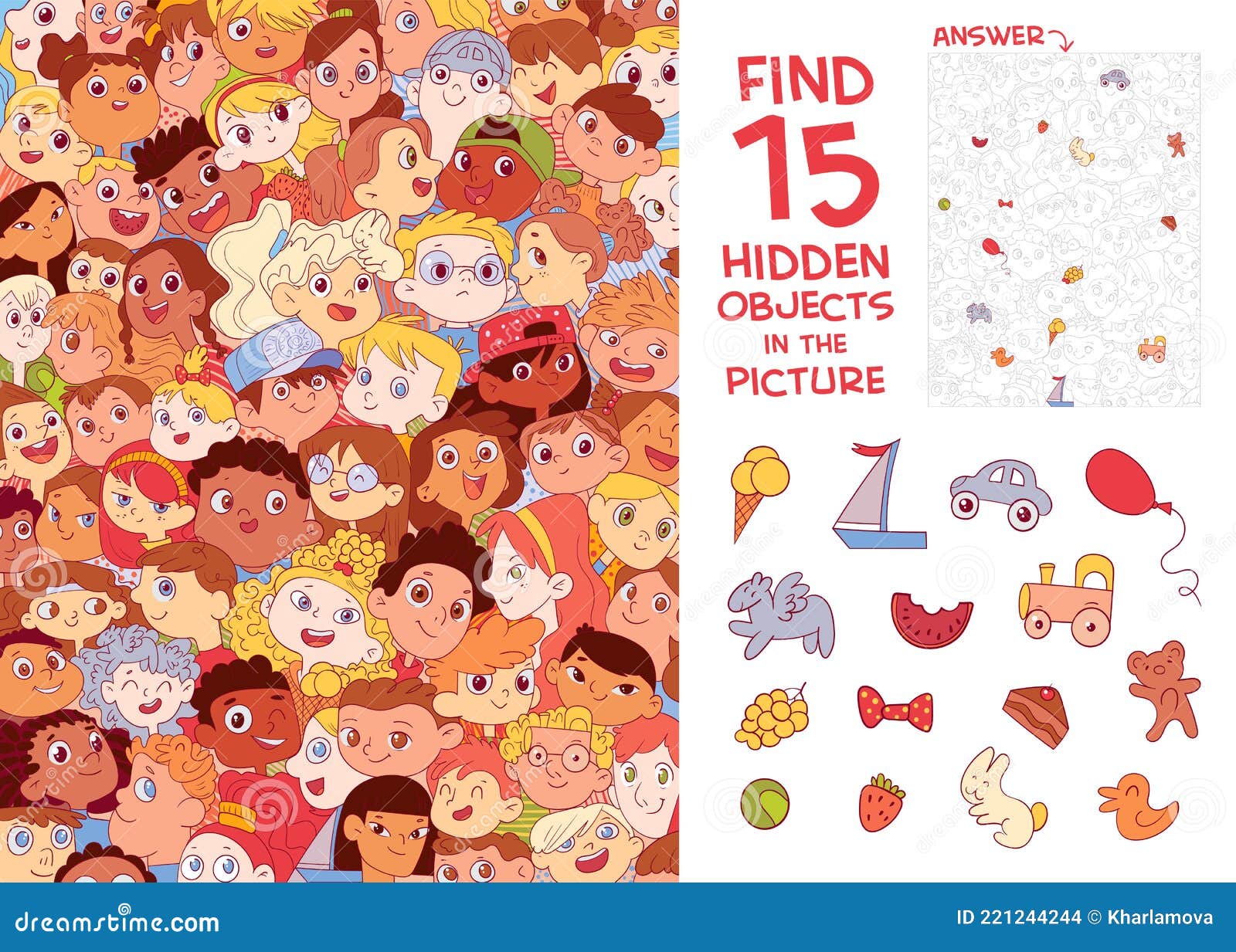 ethnic diversity of children`s faces. find 15 hidden objects