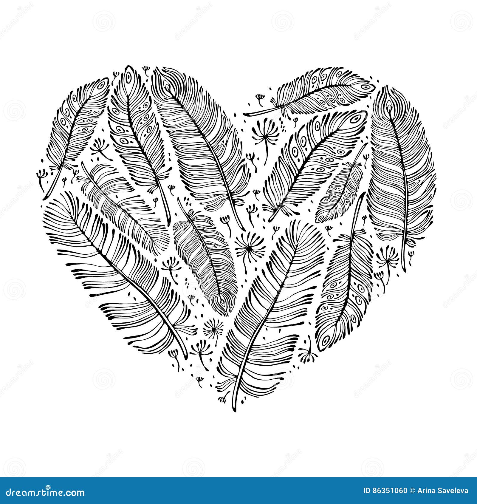 Ethnic Indian Feathers, Love Heart Shape. Valentines Day. Vector